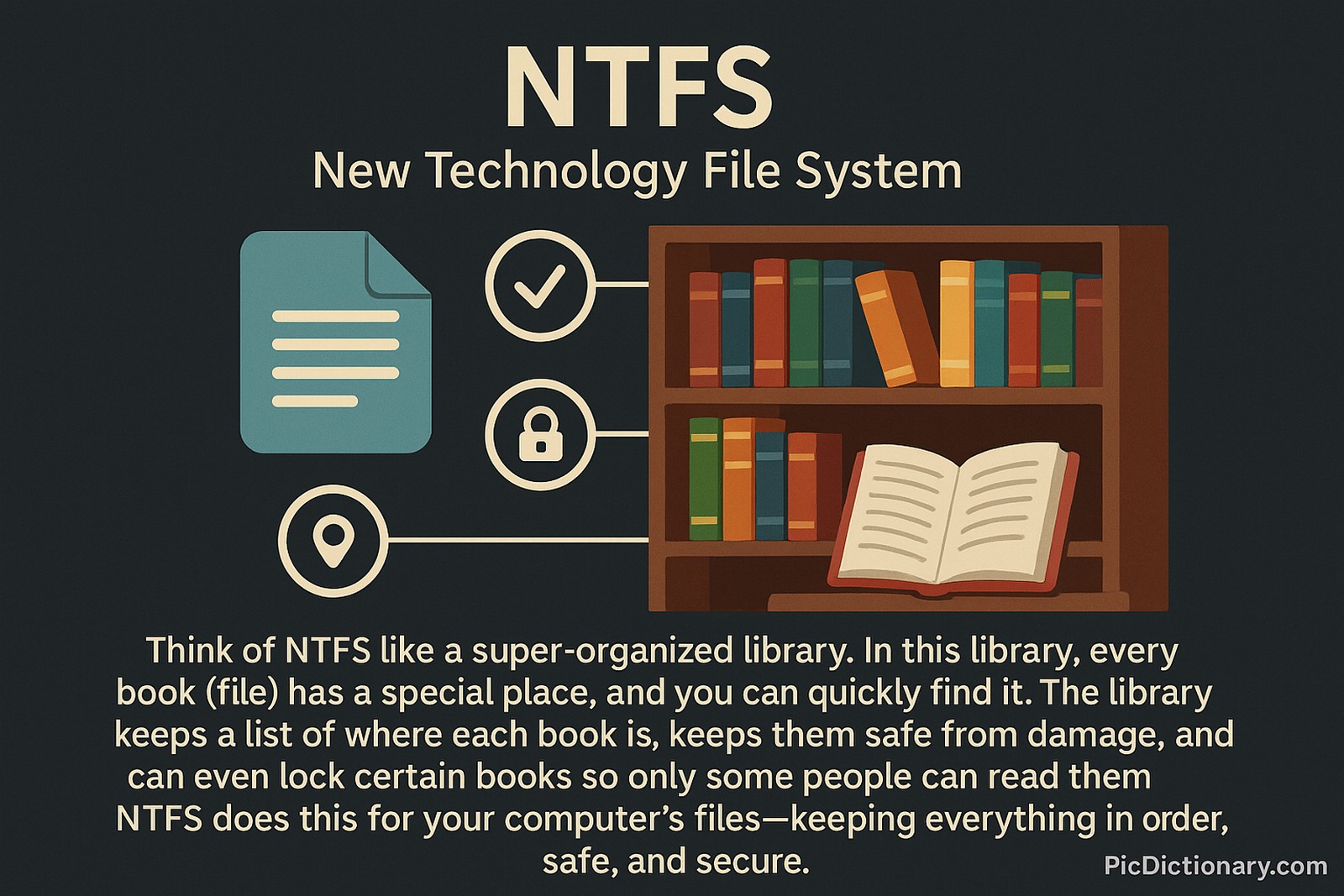 A flat-style digital illustration representing NTFS as a highly organized library. A wooden bookshelf filled with colorful books sits on the right, symbolizing file storage. Nearby icons depict a document, a checkmark for file integrity, a lock for file permissions, and a location marker indicating file placement