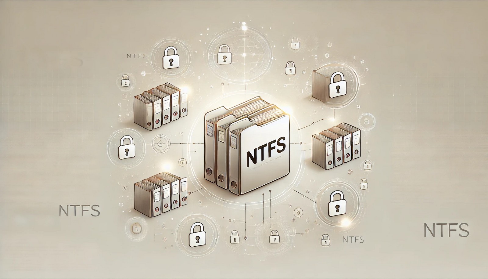  A minimalistic digital illustration showing interconnected folders and files arranged like a virtual library, with small padlocks symbolizing security, and a glowing hard drive indicating safe, organized data storage.