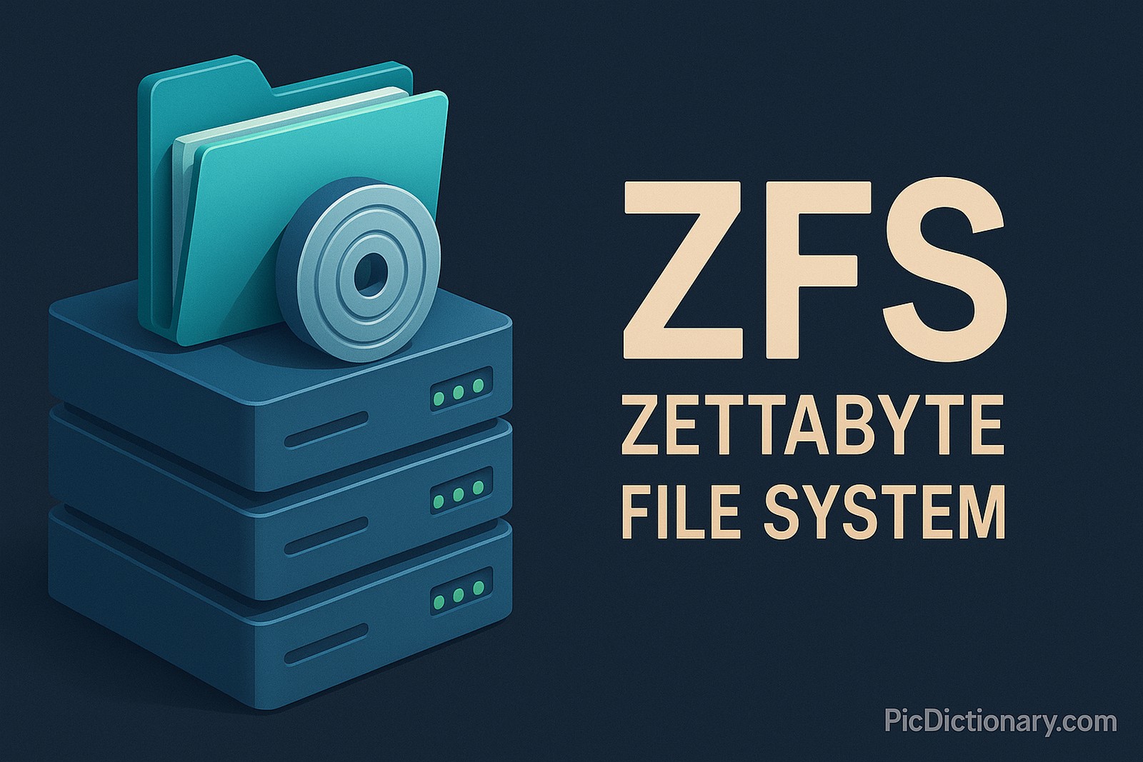 A 3D rendered image in 16:9 aspect ratio with a dark blue background features the bold text "ZFS" and the subtitle "ZETTABYTE FILE SYSTEM" in light beige. On the left side, a stack of three blue server/storage units is shown with glowing green status indicators. A teal file folder and a metallic circular disk are placed on top, symbolizing file storage and data integrity.