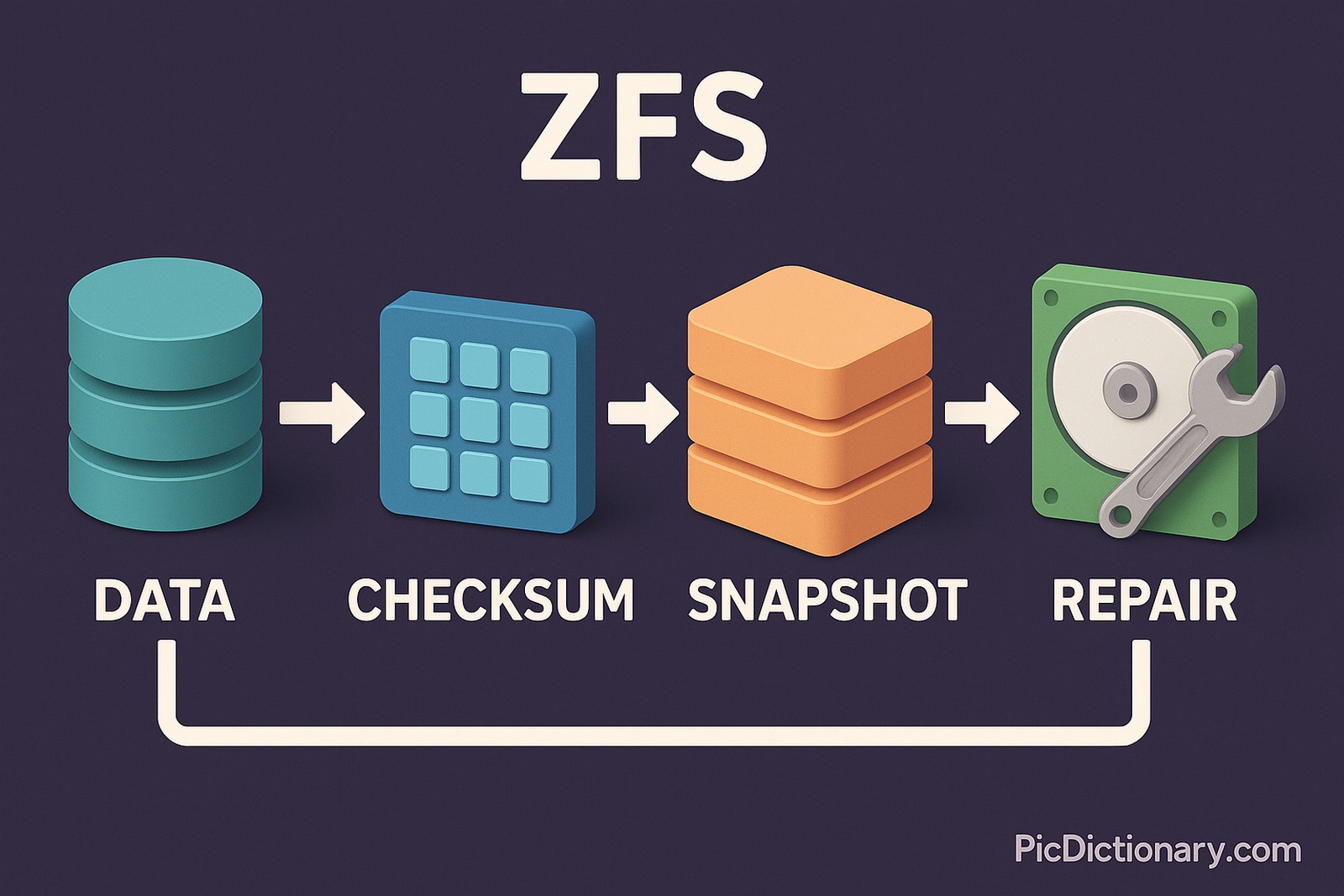 A 3D digital infographic explaining the ZFS (Zettabyte File System) process. It shows a step-by-step flow with labeled icons: "DATA" as stacked disks, leading to "CHECKSUM" with a blue checksum icon, then to "SNAPSHOT" as stacked orange blocks, and finally to "REPAIR" shown with a green hard disk and wrench. 