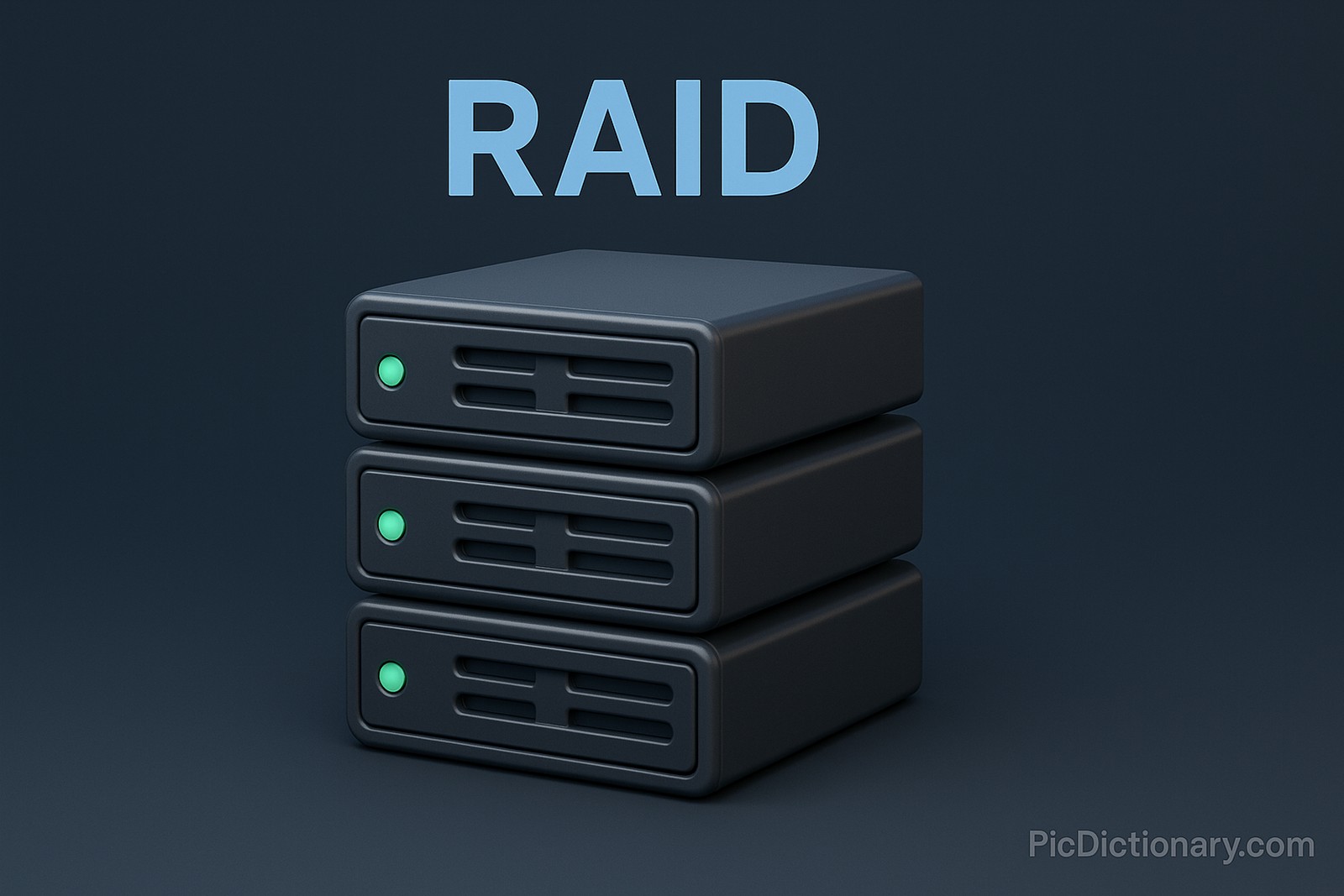 A 3D-rendered digital image features three vertically stacked hard disk drives representing a RAID (Redundant Array of Independent Disks) setup. The drives are uniformly designed in dark gray with green LED indicators, and the word "RAID" is prominently displayed above in large, light blue capital letters.