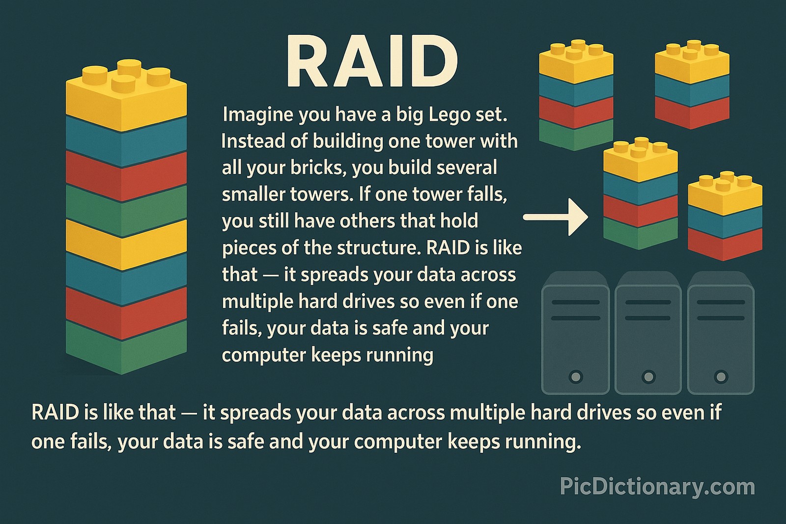A 2D digital illustration explaining RAID using LEGO towers and server icons. A tall LEGO tower is shown on the left, split into multiple smaller towers on the right, representing data redundancy. Text beside the image explains that RAID spreads data across multiple drives so that if one fails, the system keeps running. 
