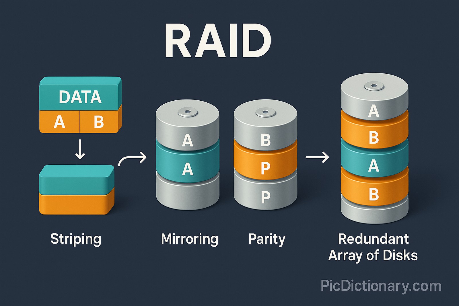 A 2D digital illustration explaining RAID using LEGO towers and server icons. A tall LEGO tower is shown on the left, split into multiple smaller towers on the right, representing data redundancy. Text beside the image explains that RAID spreads data across multiple drives so that if one fails, the system keeps running. 