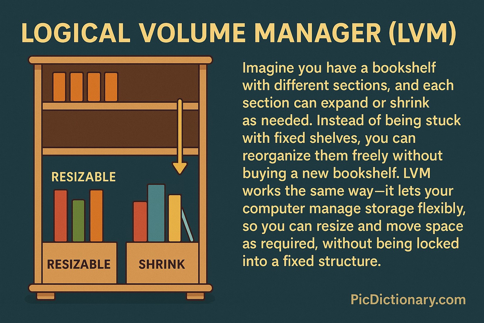 2D illustration of a wooden bookshelf on a dark teal background labeled "Logical Volume Manager (LVM)." The bookshelf has adjustable shelves with colorful books, and sections marked "RESIZABLE" and "SHRINK" to depict dynamic resizing. To the right, explanatory text compares LVM to a flexible bookshelf system. 