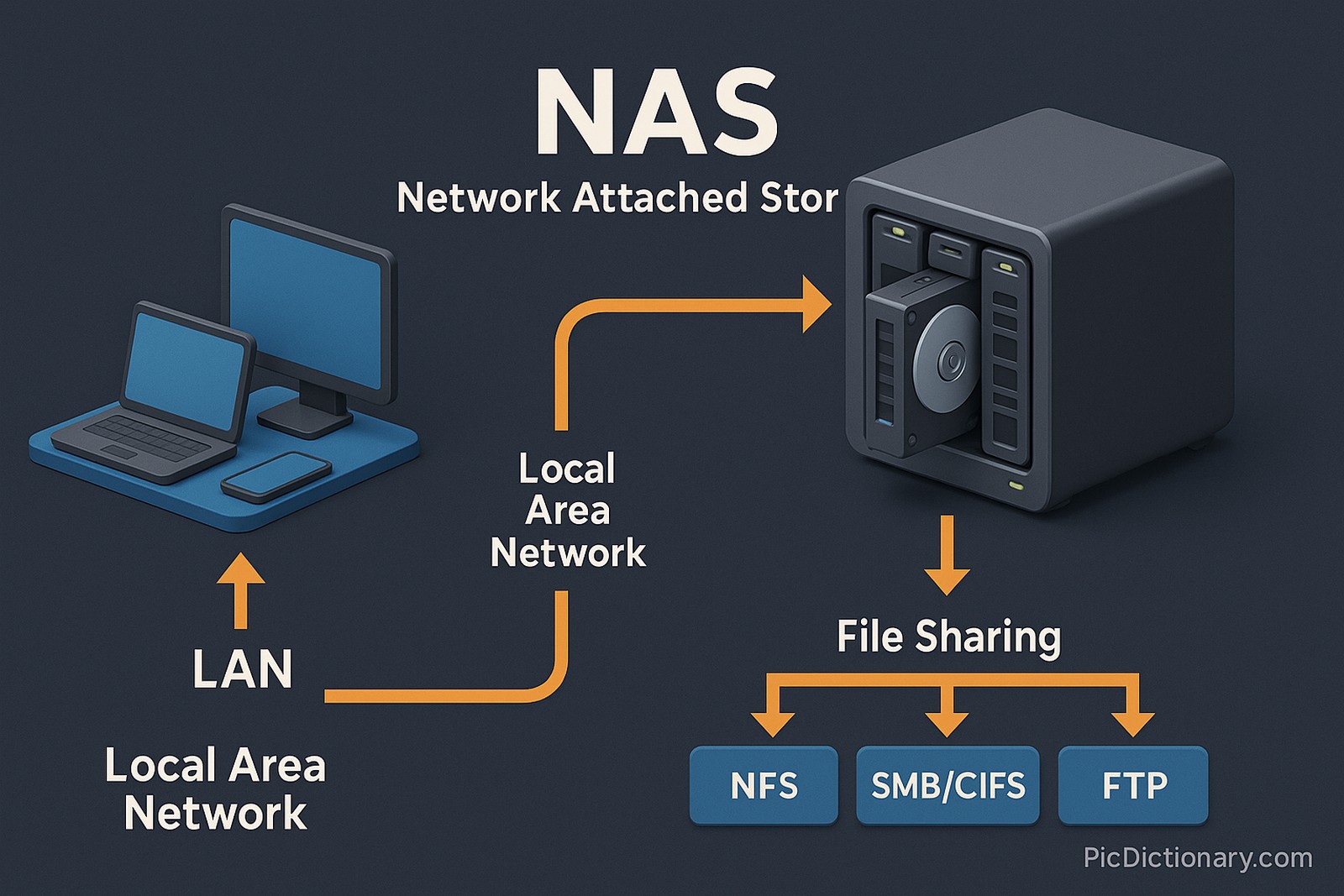 A 3D-style infographic illustrating the concept of Network Attached Storage (NAS). On the left, a laptop, tablet, and smartphone are connected to a “Local Area Network (LAN)” label. An arrow leads to a central NAS device, a cube-shaped unit with visible hard drives. From the NAS, another arrow points downward to a “File Sharing” label, which branches out to three boxes labeled “NFS,” “SMB/CIFS,” and “FTP.”