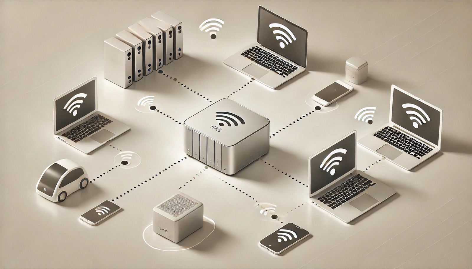  A minimalistic illustration showing a NAS device at the center, connected by dotted lines to laptops, smartphones, and a smart TV, representing centralized wireless data sharing across home devices.