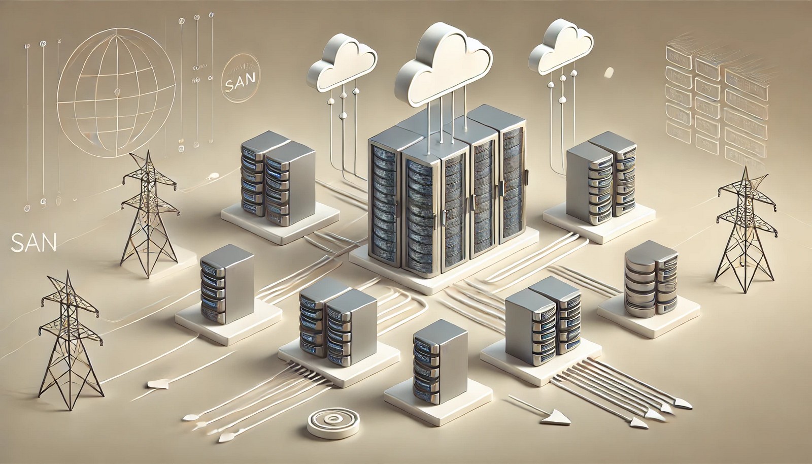 Minimalistic illustration of multiple servers connected to a centralized storage vault with arrows and motion lines showing fast data transfer, representing a Storage Area Network with a clean, modern design.