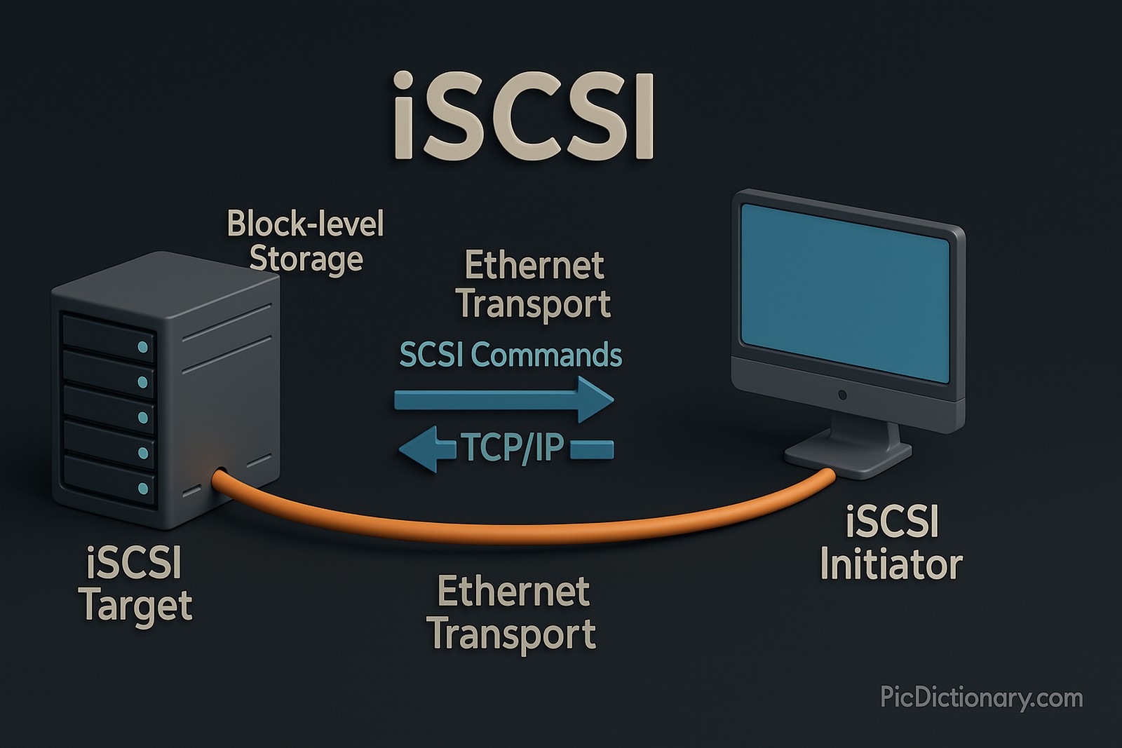 A 3D rendered digital infographic visualizing the concept of iSCSI (Internet Small Computer Systems Interface). The image features a dark-shaded background with a stylized data center scene. On the left, a server or storage array labeled "iSCSI Target" is connected via a virtual Ethernet cable to a desktop or host computer labeled "iSCSI Initiator." Between them, 3D arrows indicate SCSI commands encapsulated in TCP/IP packets traveling across the network. Floating labels highlight terms like "Block-level Storage," "Ethernet Transport," and "Remote Disk Access.