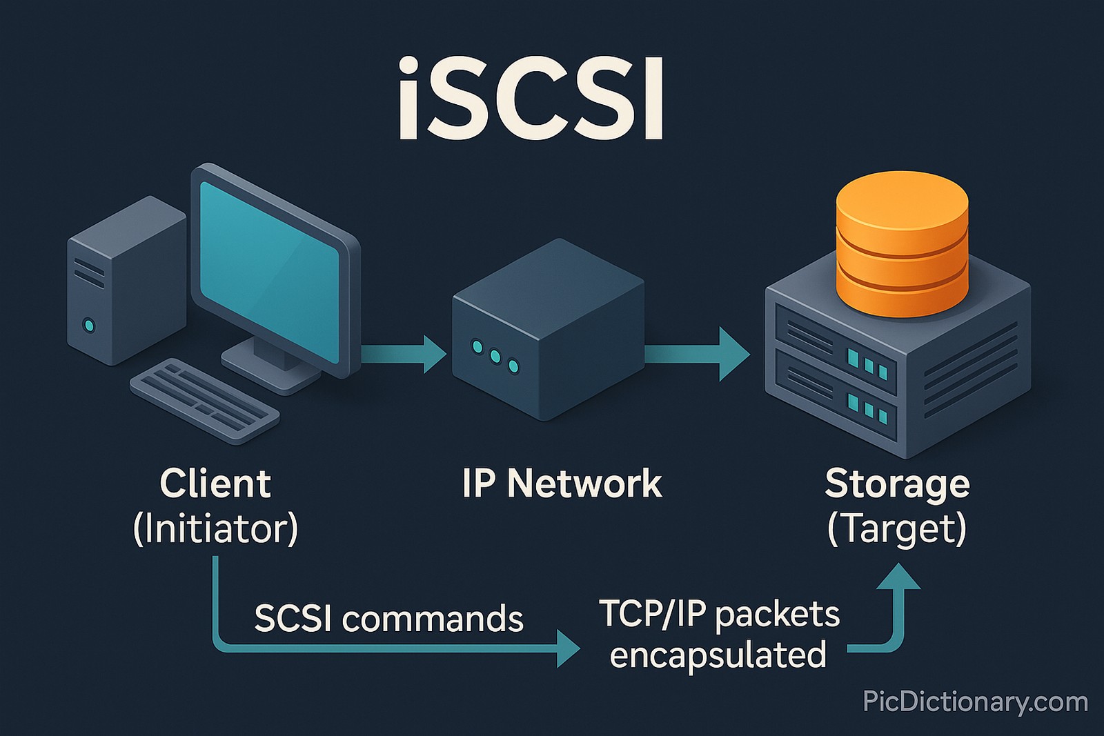 A 3D-style digital infographic illustrates the iSCSI process with a dark blue background. On the left, a labeled "Client (Initiator)" is shown as a desktop computer. An arrow points from it to a central "IP Network" box, and another arrow extends to the right toward a "Storage (Target)" server unit with a stacked disk icon. Below, a flow line shows "SCSI commands" being sent, which are then "TCP/IP packets encapsulated" as they pass through the network. 