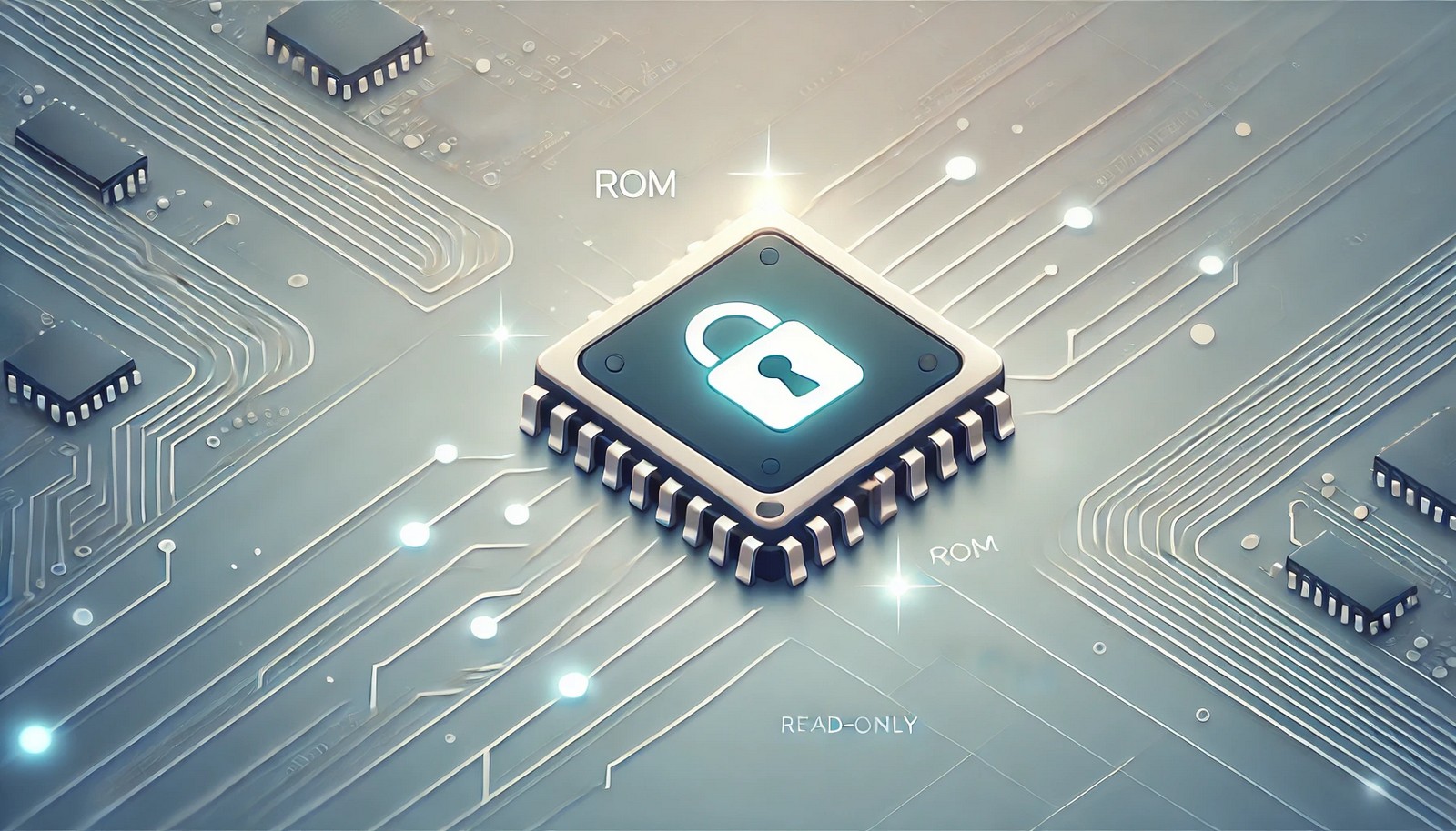 A futuristic illustration of a microchip symbolizing Read-Only Memory, featuring glowing locked icons and arrows indicating read-only access, placed on a soft, modern tech-inspired background.