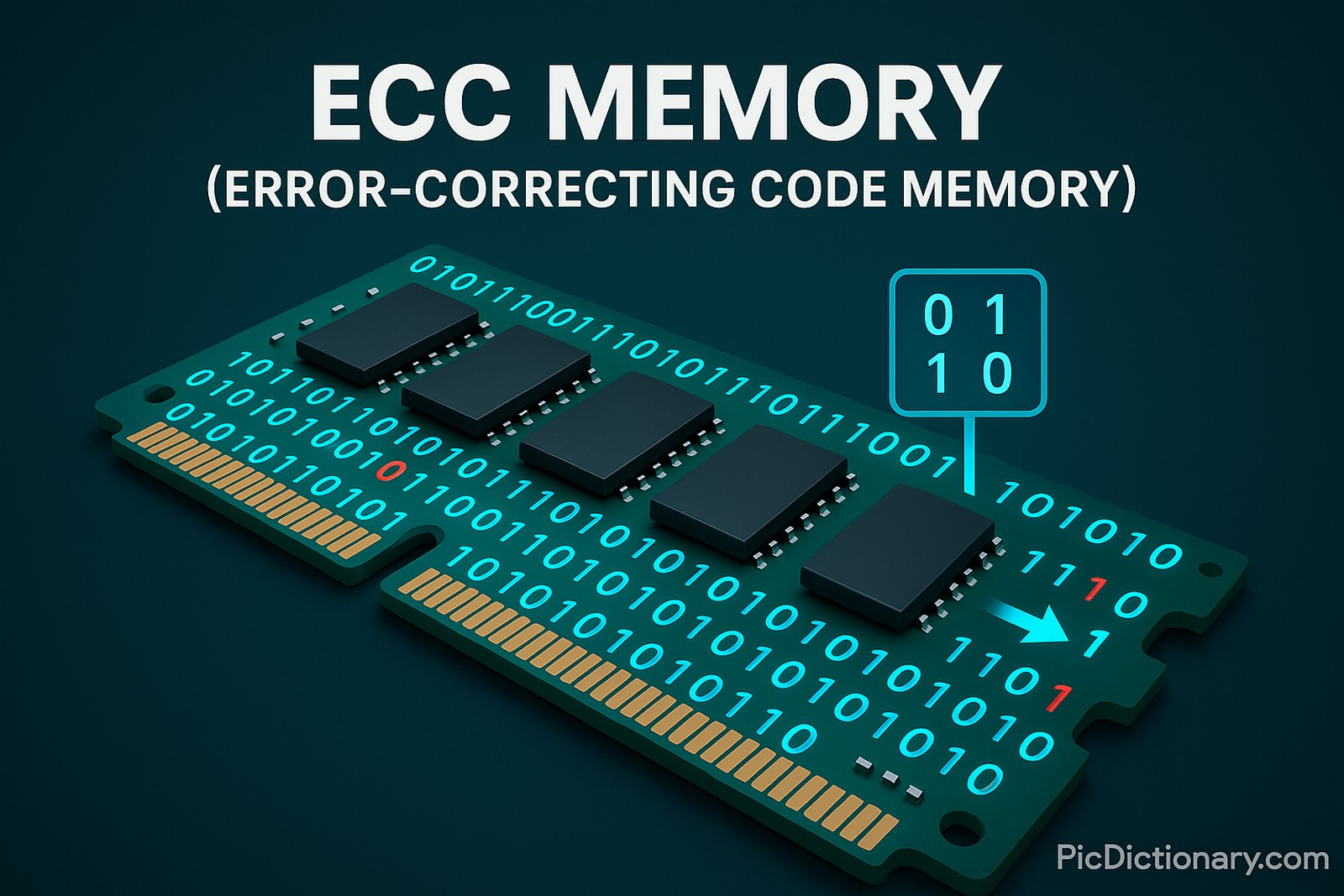 3D rendered image showing a visual concept of ECC Memory (Error-Correcting Code Memory). The image features RAM modules with digital data streams moving across them. Some data bits are marked with errors (highlighted in red), and a correction mechanism is illustrated in action using parity or Hamming codes.