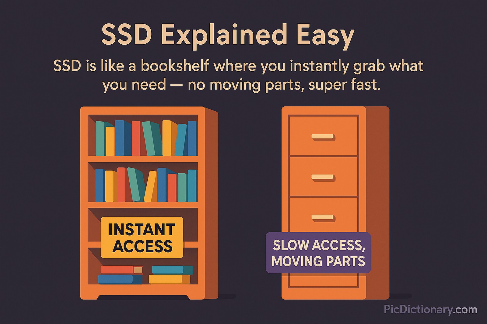 A 3D-style illustration of two bookshelves side by side on a dark-colored background. The left bookshelf has open shelves with clearly visible books, symbolizing an SSD — with a bright label saying “Instant Access”. The right bookshelf has drawers with labels and handles, representing old hard drives (HDD), with a label that reads “Slow Access, Moving Parts”. 