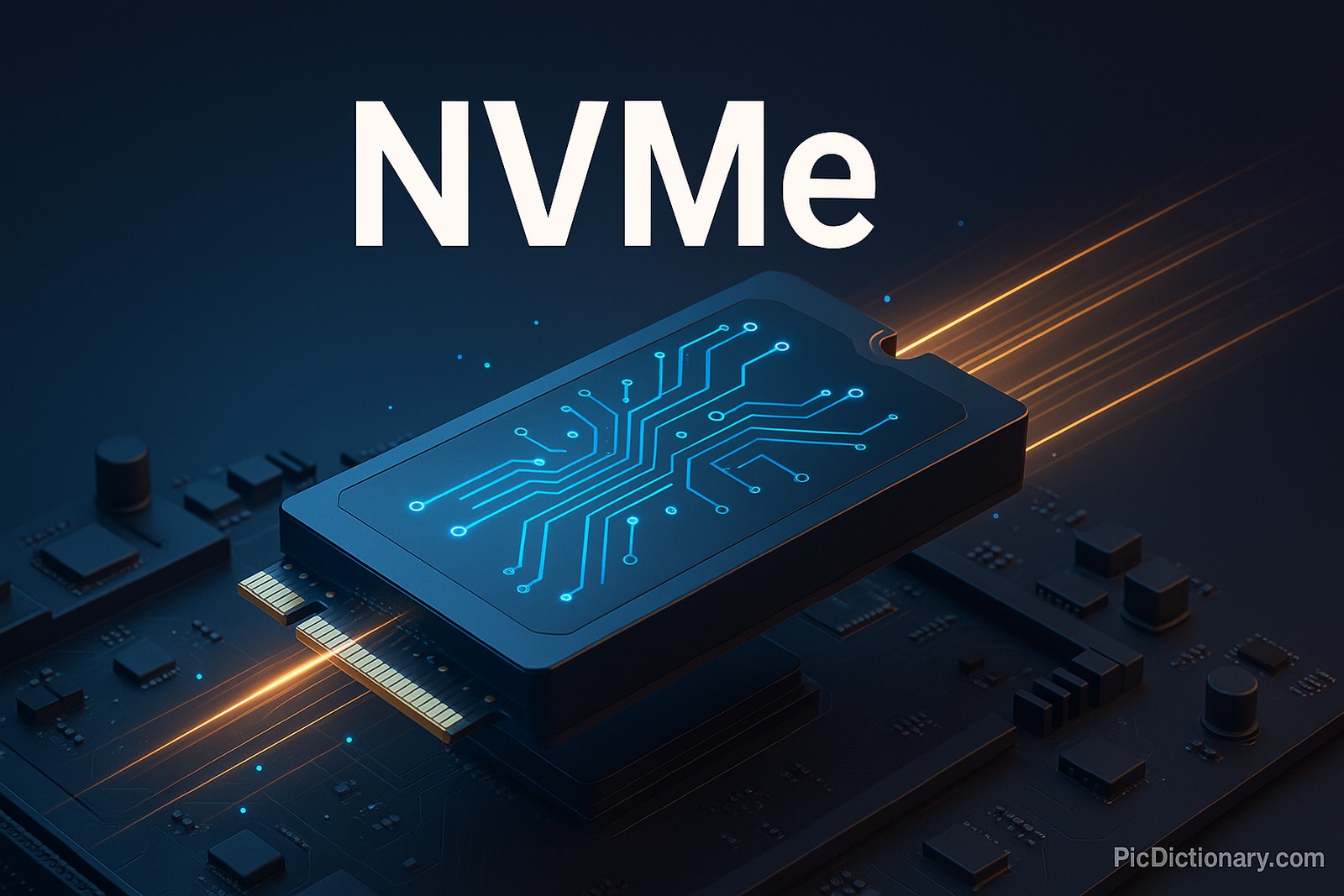 A 3D rendered illustration showing a sleek NVMe (Non-Volatile Memory Express) SSD module connected directly to a motherboard via the M.2 slot. The scene is styled with a modern tech aesthetic and a dark gradient background. Bold white title text reads “NVMe” at the top center. 