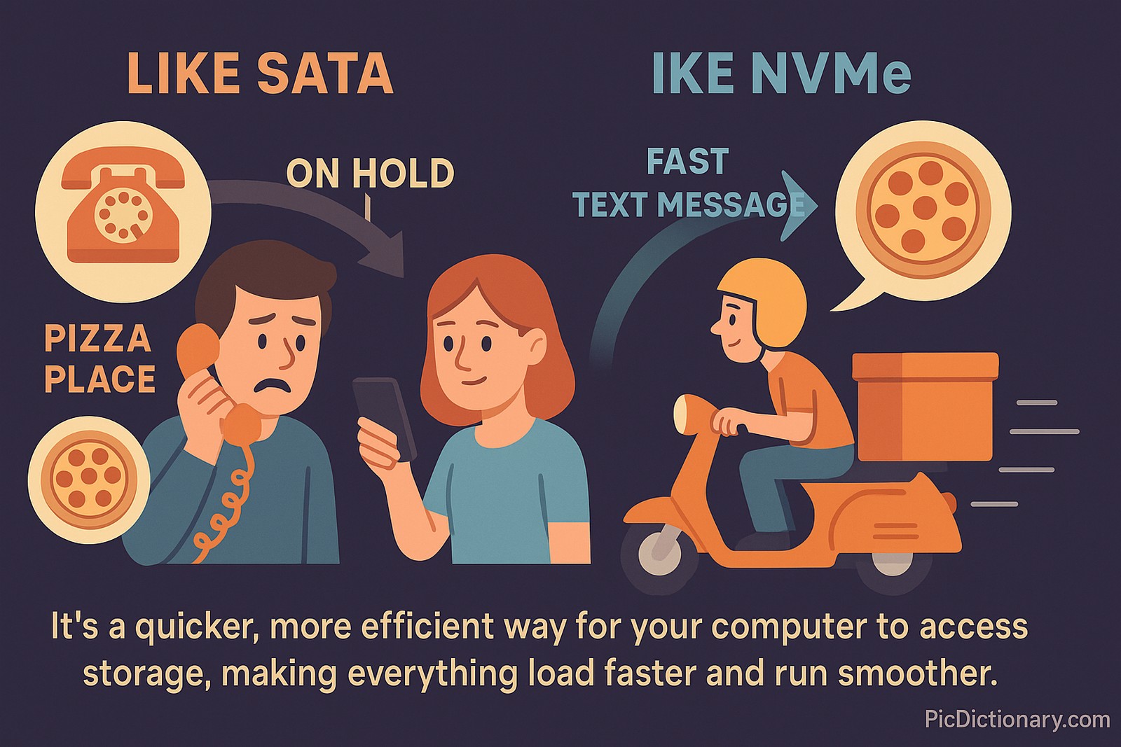 A playful 3D-style illustration compares two pizza ordering methods to explain NVMe vs. SATA. On the left, a frustrated person holds a phone, waiting on hold to order a pizza (representing SATA). On the right, another person quickly sends a text on a smartphone, with a pizza delivery scooter already heading their way (representing NVMe).