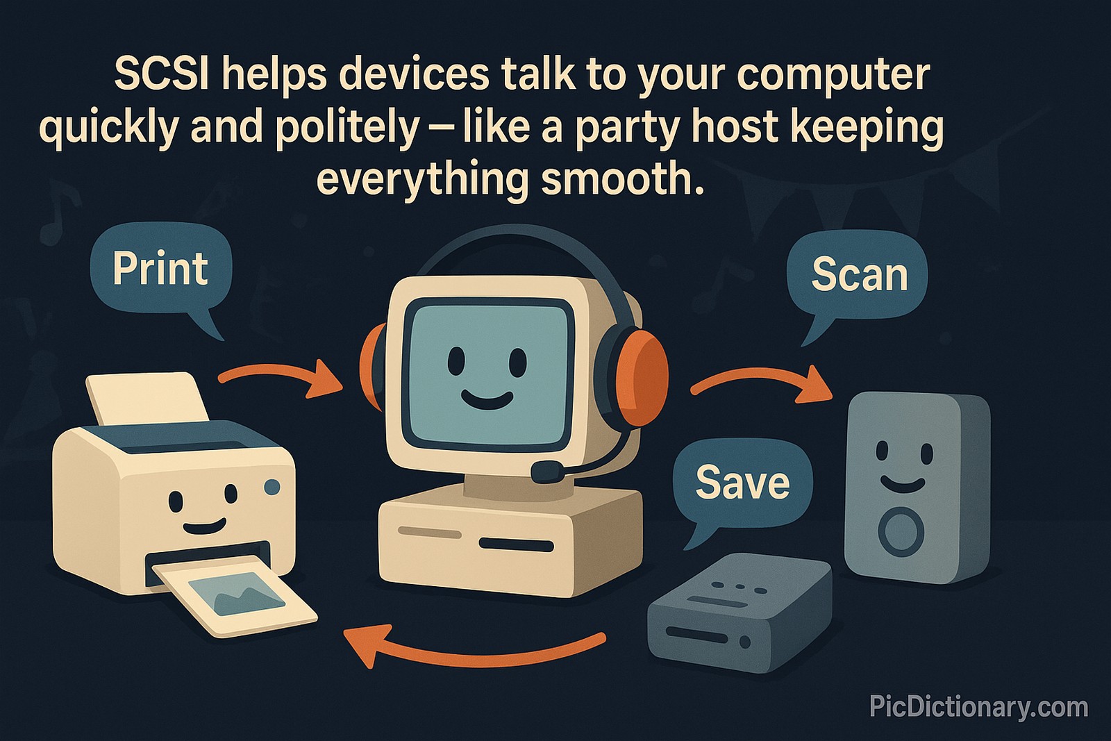 A friendly 3D illustration shows a central "computer" character wearing headphones like a host at a party, surrounded by smiling devices — a printer, scanner, and hard drive — each with speech bubbles showing tasks like “Print,” “Scan,” and “Save.” The host (SCSI) is calmly organizing their requests with arrows showing a queue-like communication flow. 