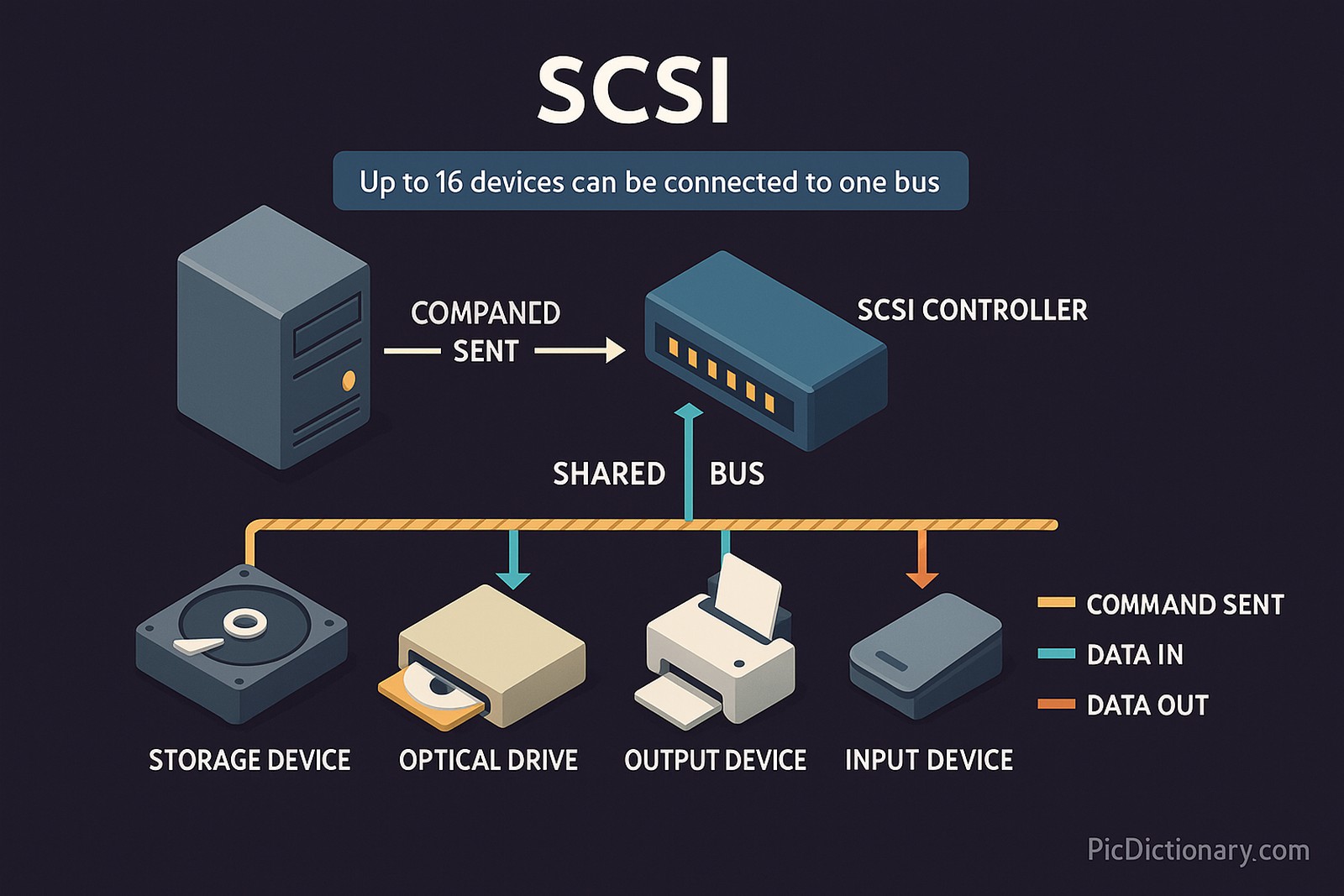 3D infographic illustrating the SCSI (Small Computer System Interface) process on a dark-shaded background. The central element is a SCSI controller hub connected via a shared data bus to multiple peripheral devices — including a hard drive, CD-ROM, printer, and scanner. Each device is labeled with a brief description: “Storage Device,” “Optical Drive,” “Output Device,” etc.