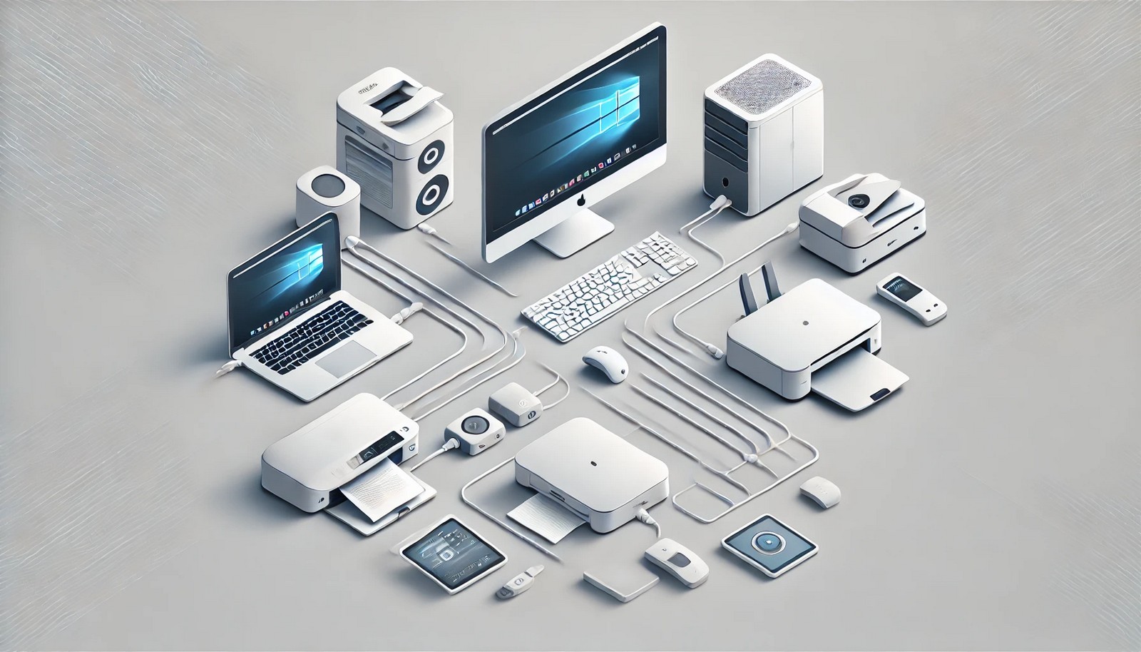 An illustration of a computer connected to various devices like a printer, scanner, and external hard drive through a central hub, visually representing organized and efficient data transfer with clean design.
