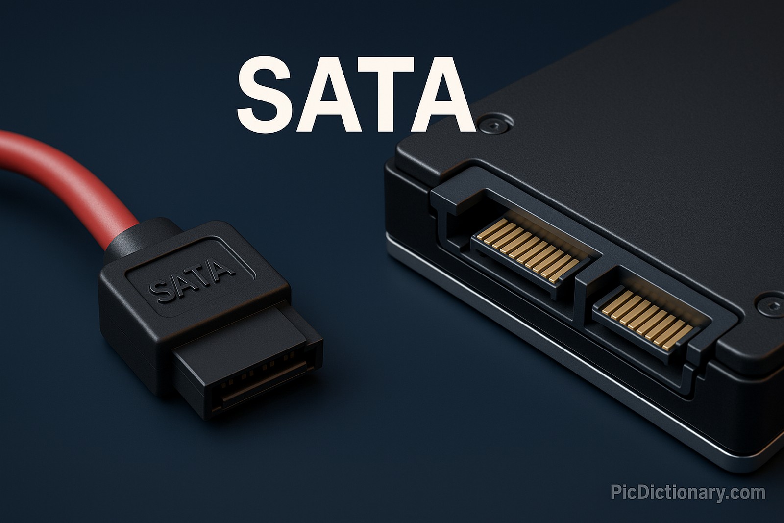 A 3D-rendered digital image features a SATA (Serial ATA) data cable with a red wire and a black connector labeled "SATA" on the left, positioned beside a matching black hard drive with dual gold-pin ports. The word "SATA" appears prominently in bold white text at the top center. 