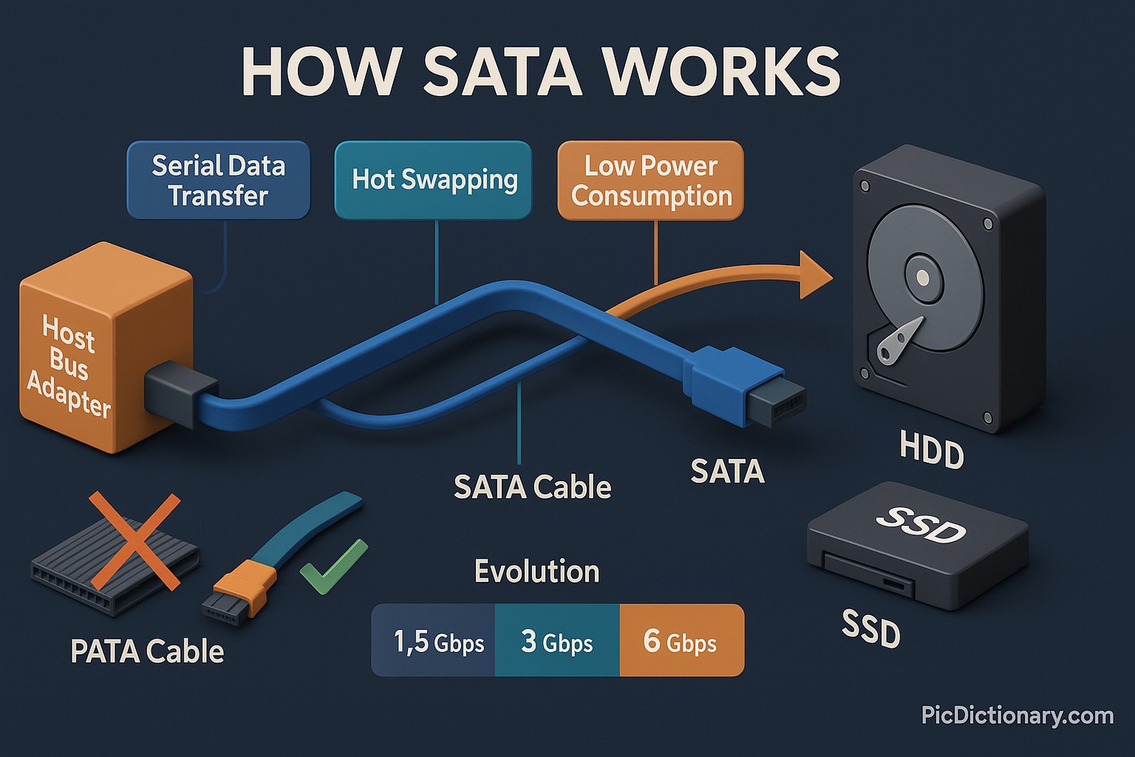 A 2D digital illustration against a dark brown background showing two roads: a fast, modern "HIGHWAY" representing SATA, with colorful cars smoothly traveling between a computer and a hard drive, and a lower "OLD, SLOW AND BULKY ROAD" symbolizing PATA, with older cars in a more cluttered lane. Text explains SATA as a faster, more efficient way for computers and drives to communicate, with the analogy of adding cars to a highway without stopping traffic.