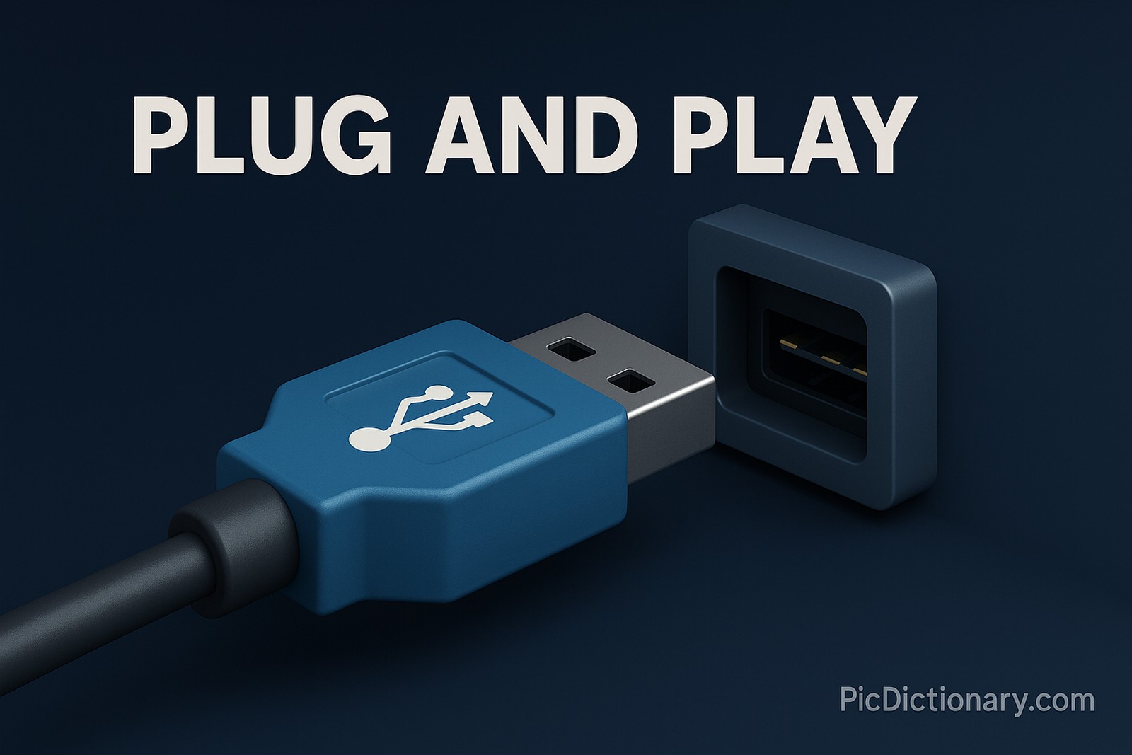 A 3D-rendered digital image features a USB Type-A plug partially inserted into its matching port, set against a dark blue gradient background. The words “PLUG AND PLAY” appear boldly at the top in light-colored text, while “PicDictionary.com” is neatly watermarked in small font at the bottom right corner. 