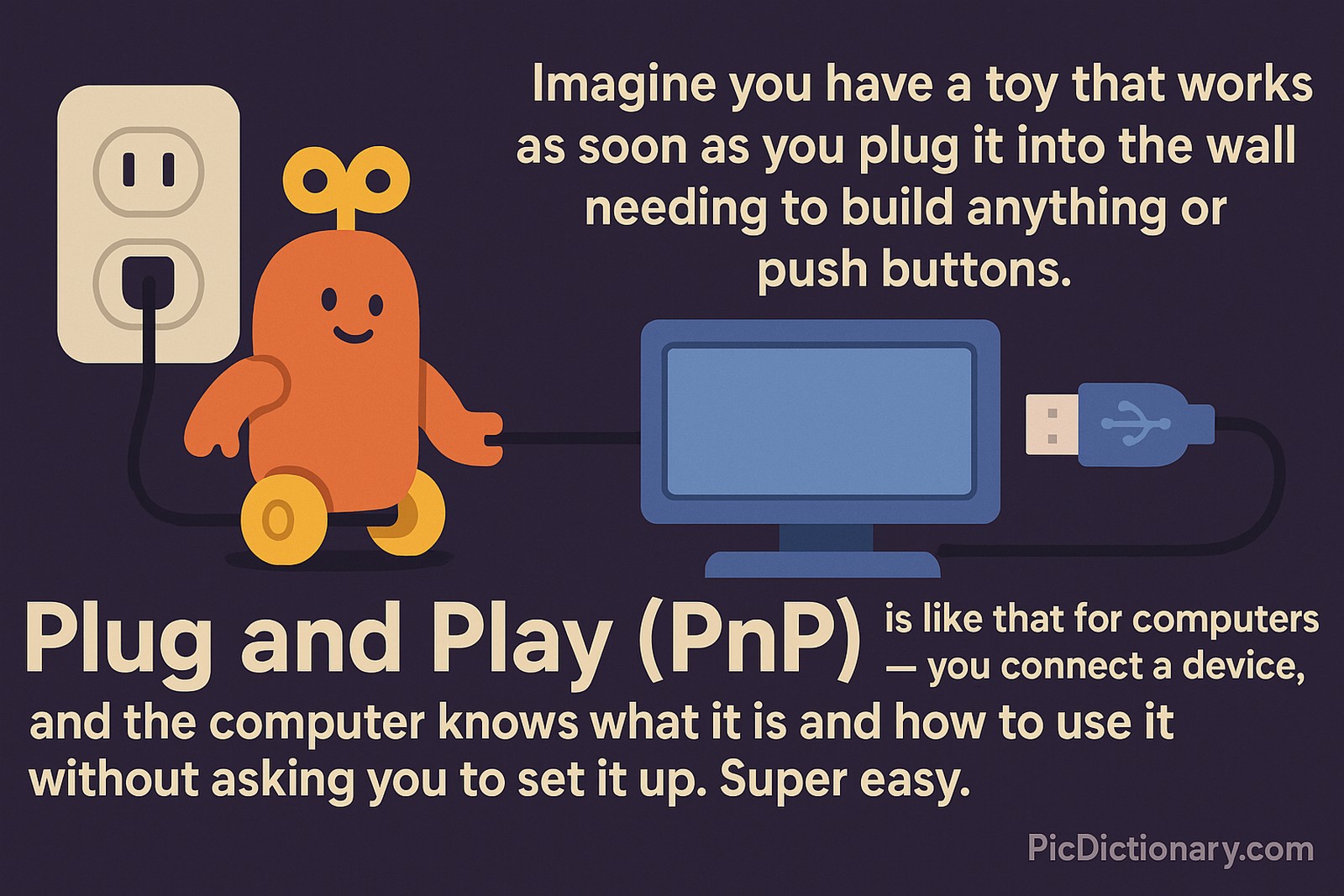A 2D digital illustration against a dark purple background shows a cute orange wind-up toy plugged into a wall socket on the left, and a blue computer monitor with a USB device being plugged in on the right. 