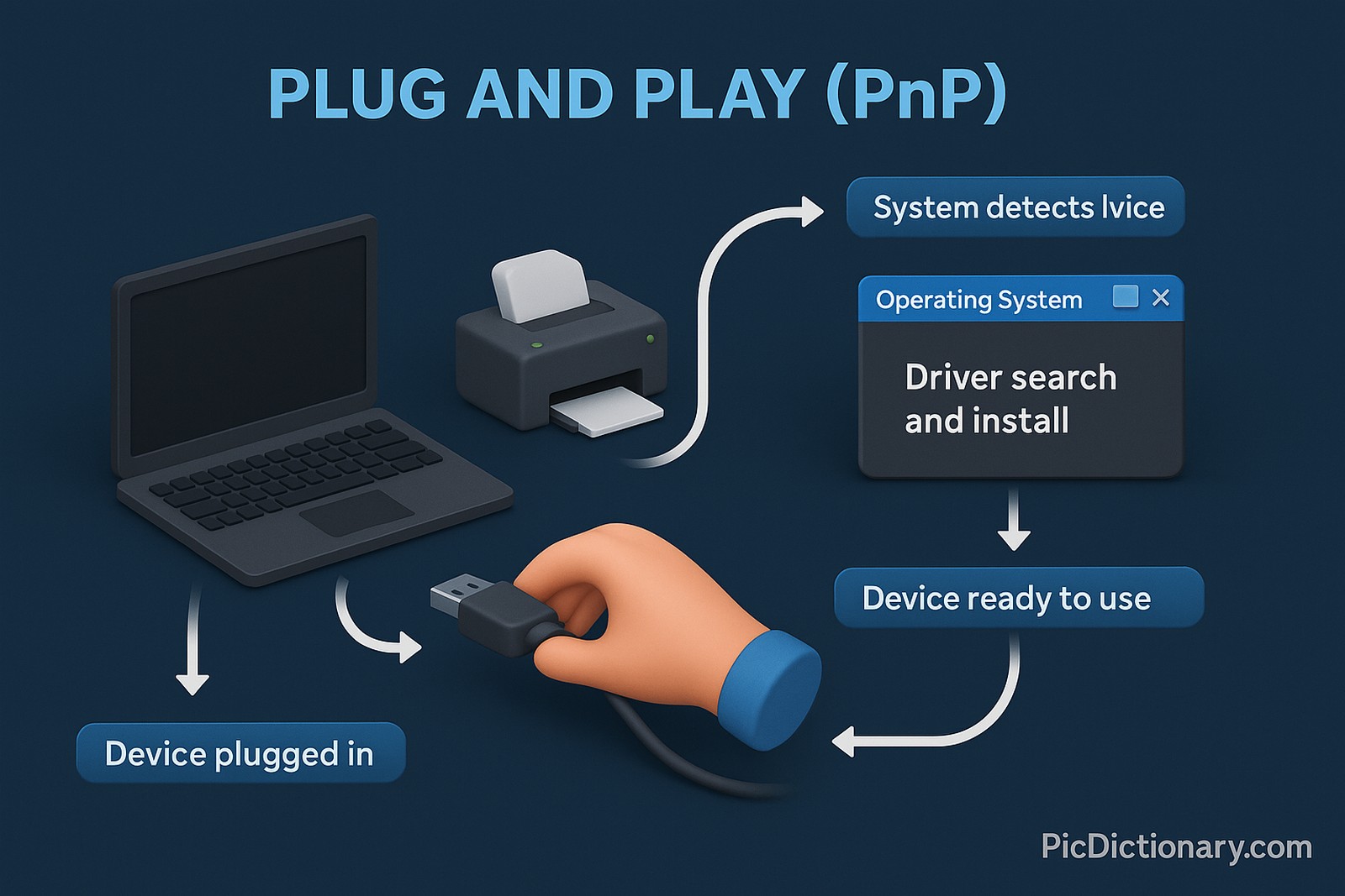  The diagram includes a sequence of labeled steps showing a USB device being connected to a laptop. Step 1: "Device plugged in" shows a user inserting a printer or USB drive. Step 2: "System detects device" shows the operating system recognizing it. 