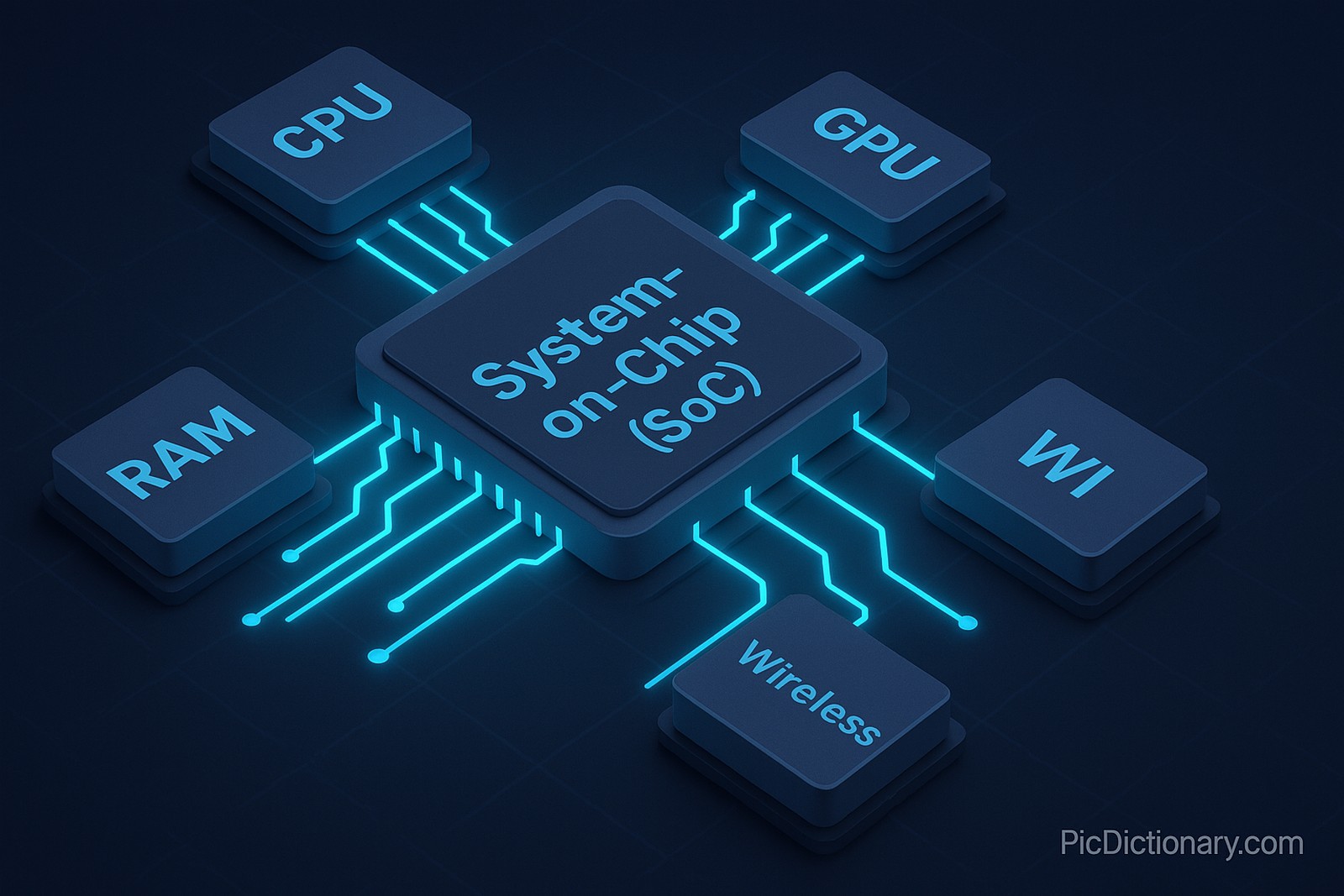  At the center of the image is a microchip labeled "System-on-Chip (SoC)" with glowing circuit lines branching out to surrounding modules representing CPU, GPU, RAM, I/O ports, and Wireless modules. Each module is visualized as a labeled block interconnected by neon pathways, symbolizing integration on a single chip.