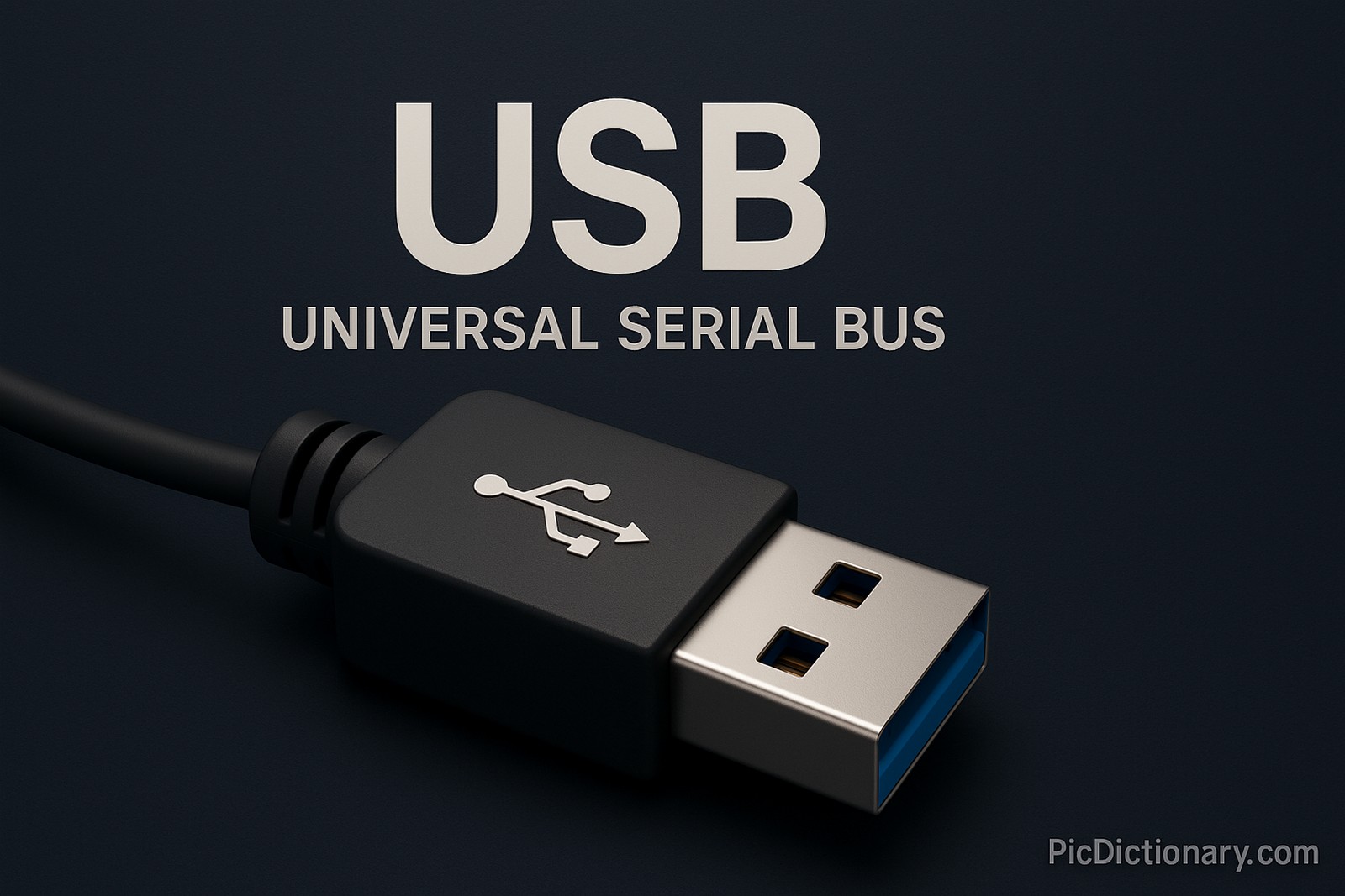  A 3D-rendered digital image focuses on a USB (Universal Serial Bus) Type-A connector, set against a dark navy textured background. The cable is positioned from the lower left, with the connector angled diagonally upward. Above the connector, bold silver-gray text reads "USB" with "UNIVERSAL SERIAL BUS" underneath. The iconic USB trident symbol is visible on the black connector. 