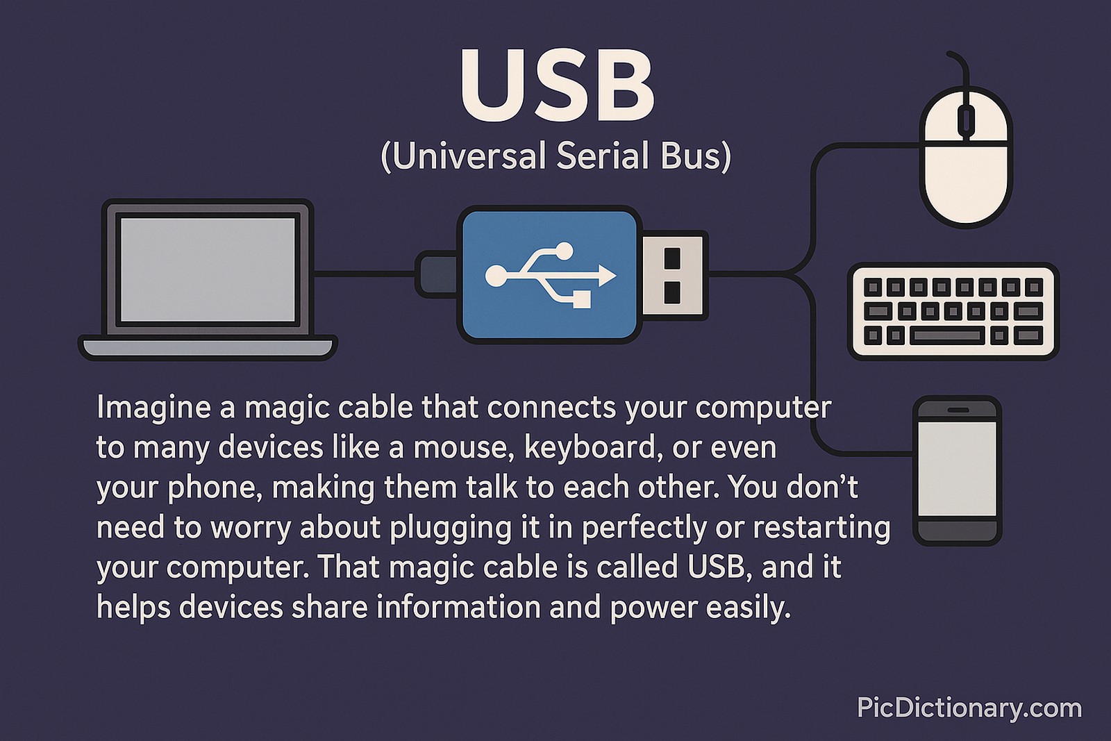  A digital educational illustration explains USB (Universal Serial Bus) with a central USB plug connecting a laptop to a mouse, keyboard, and smartphone, symbolizing easy data and power sharing.