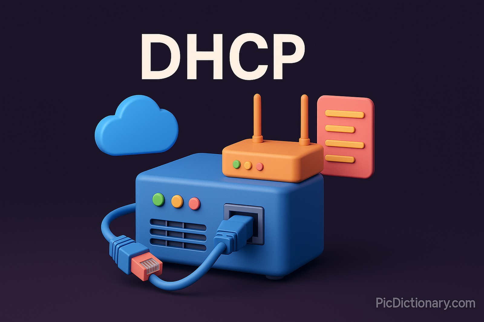A 3D-rendered digital illustration features network components arranged on a dark purple background. Centered in the scene is a blue DHCP server unit with indicator lights and Ethernet ports. On top of it sits an orange Wi-Fi router with two antennas. A cloud icon and a document symbol with lines float beside the hardware, representing connectivity and configuration. 