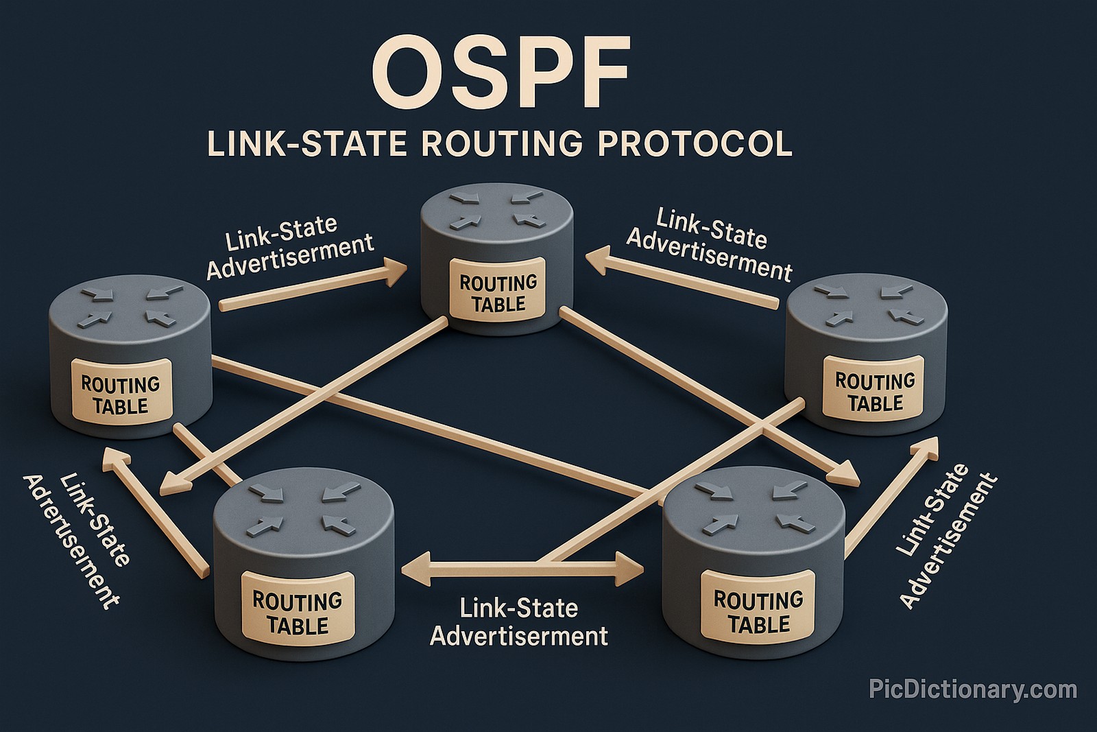 A 3D rendered infographic illustrating the concept of OSPF (Open Shortest Path First) in computer networking. The image features multiple routers arranged in a mesh topology, with labeled directional arrows showing link-state advertisements between them. Each router displays a small table marked "Routing Table" to emphasize OSPF's role in determining the shortest path. 