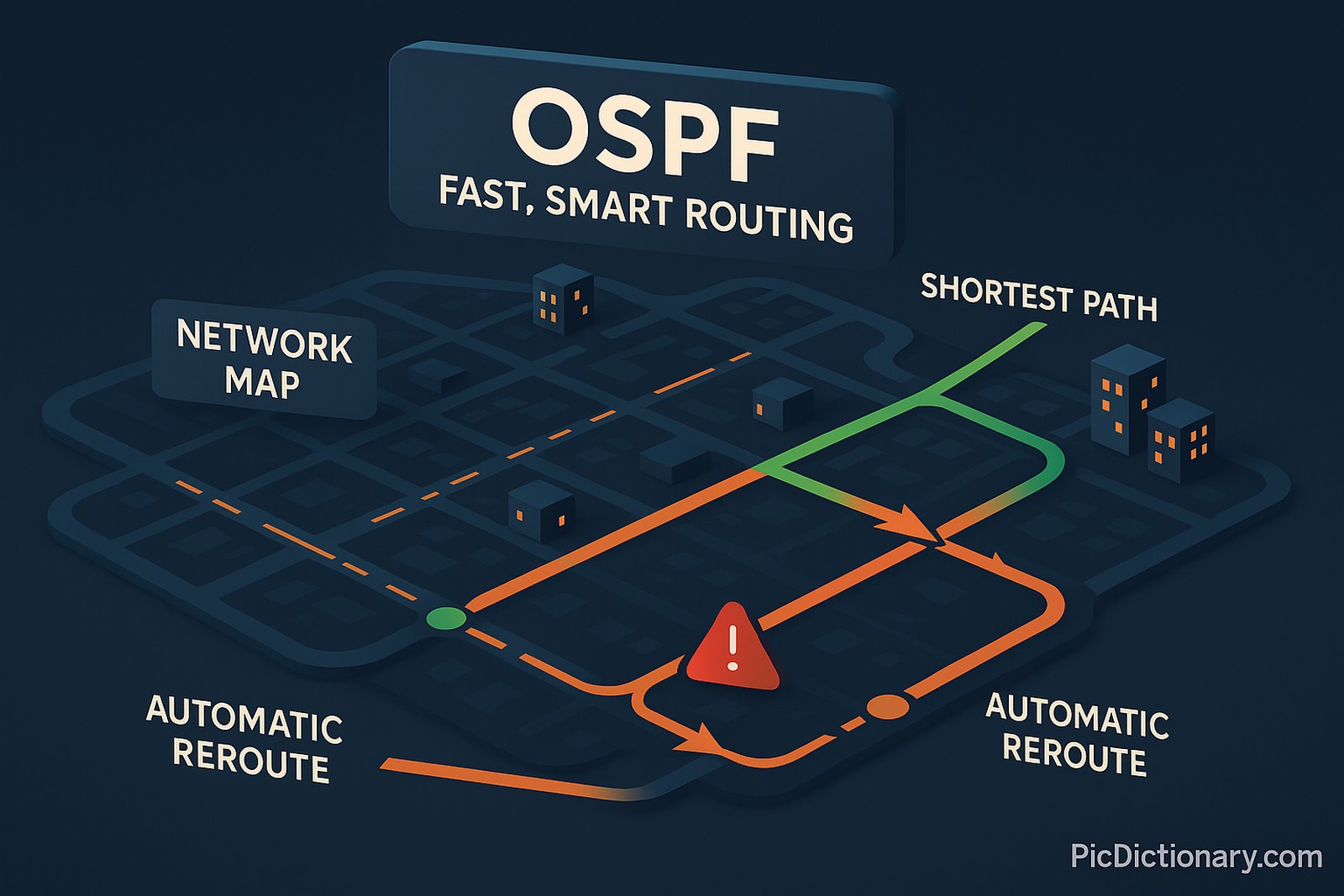 A 3D illustrated image showing a stylized city map at night, with interconnected roads and buildings glowing softly. Arrows mark routes between different points on the map, symbolizing data flow. One road is visibly blocked with a “Connection Failed” icon, and a new path lights up instantly around it, showing rerouting. 