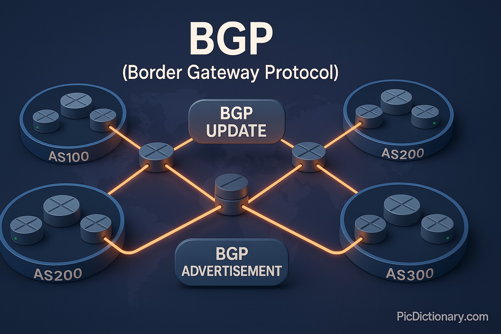 3D rendered illustration featuring the title "BGP (Border Gateway Protocol)" at the top center. The image shows a dark background with a 3D network of interconnected routers across multiple autonomous systems (AS), each AS labeled clearly (e.g., AS100, AS200). Routers at AS borders exchange routing tables using glowing lines to represent BGP sessions. Some routers display "BGP UPDATE" or "BGP ADVERTISEMENT" bubbles to indicate dynamic route sharing.