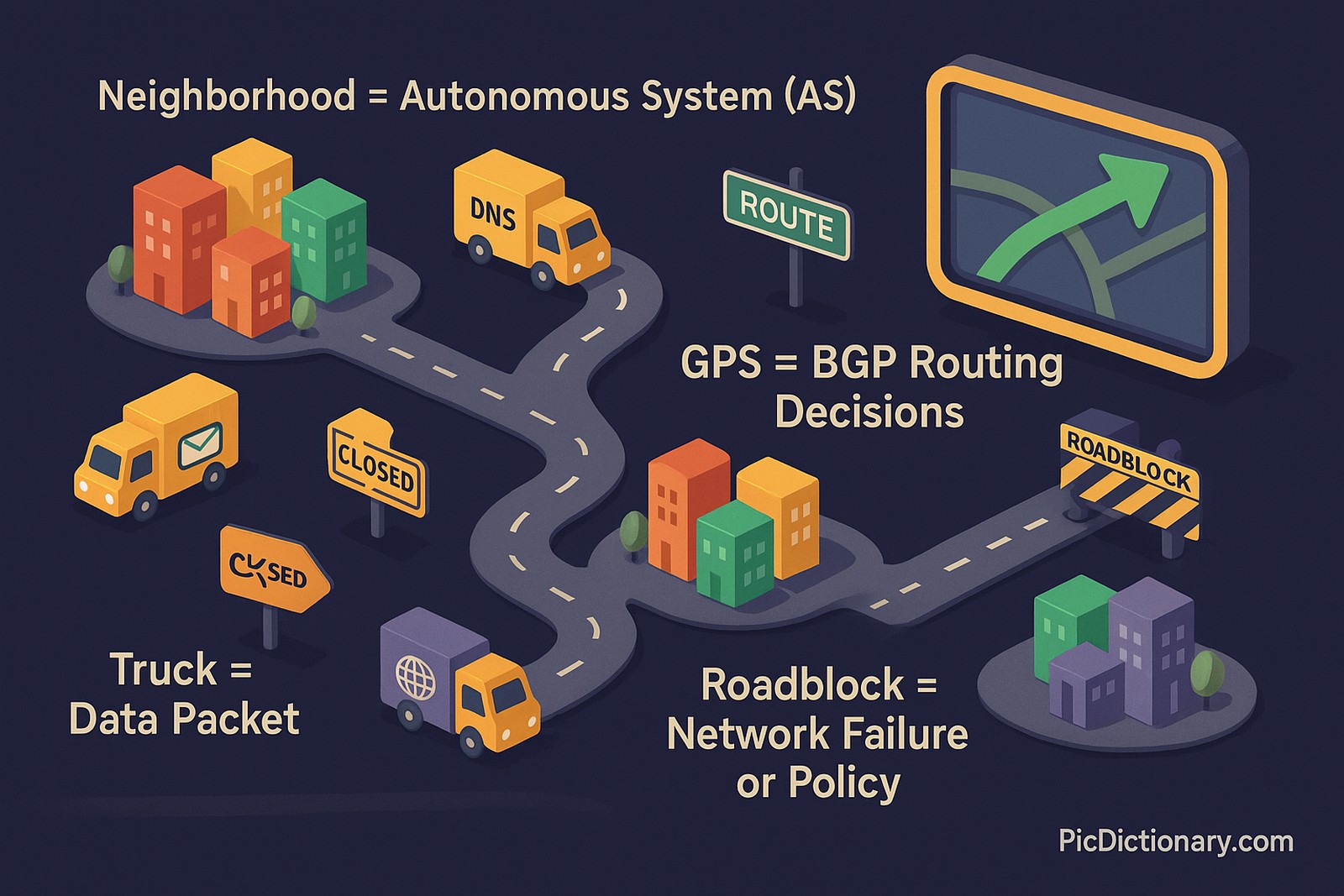 A 3D-style illustrated cityscape in dark tones, showing multiple colorful neighborhoods (blocks) connected by winding roads. Each neighborhood has small delivery trucks marked with internet-related icons like "DNS", "Email", and "Web". Above the roads, floating signboards display route indicators and detour warnings.