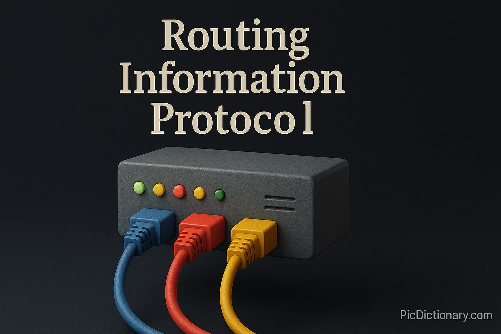 A 3D-rendered image in 16:9 format showing a network router with LED lights and three connected Ethernet cables (blue, red, yellow) extending outward. Above the router, the title "Routing Information Protocol" is displayed in bold serif text. 