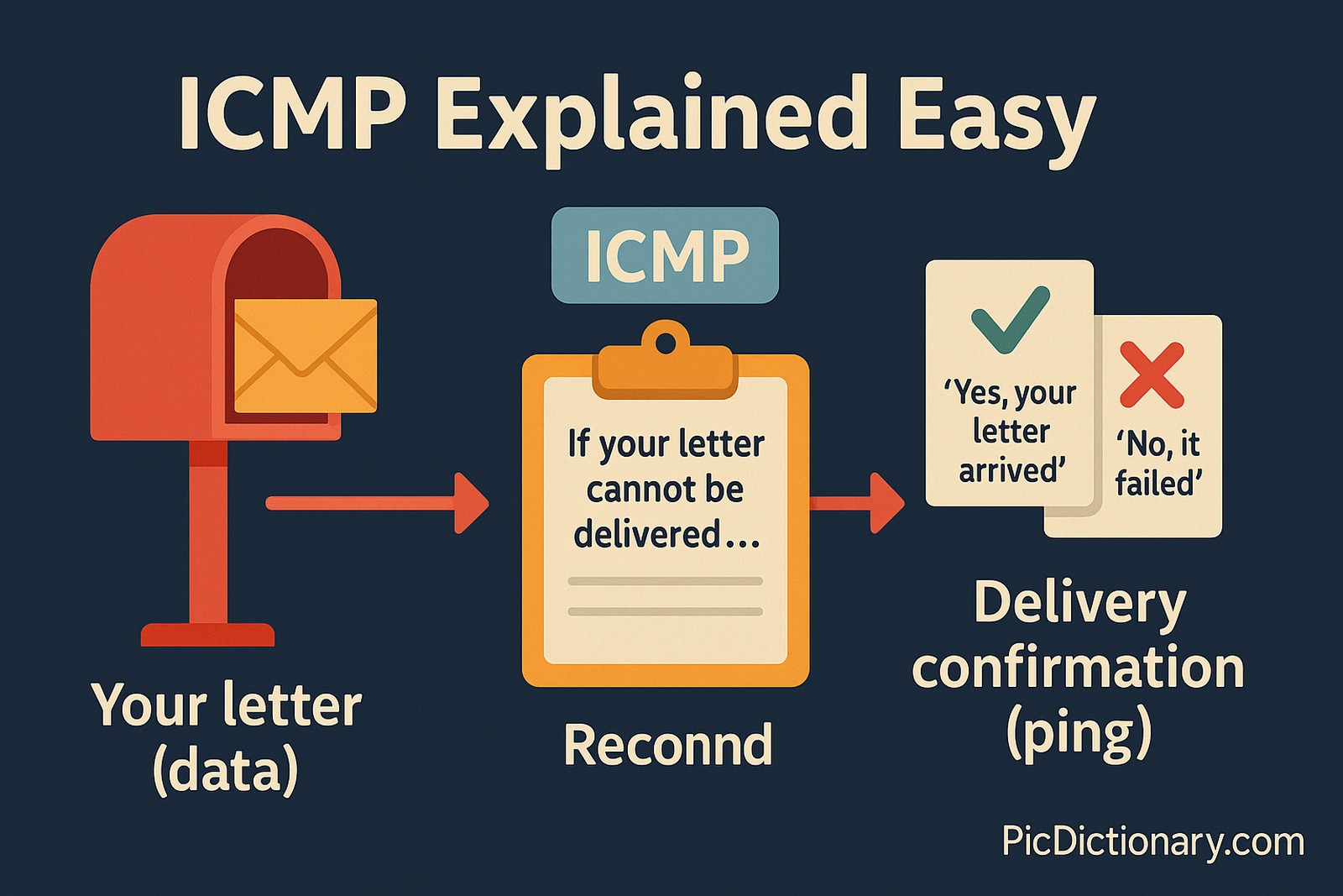 A 2D digital illustration diagram, set against a dark blue background, visually explains ICMP using a postal analogy. On the left, a red mailbox labeled "Your letter (data)" sends a letter. In the center, a clipboard titled "If your letter cannot be delivered…" symbolizes ICMP's error reporting function. On the right, two delivery confirmation notes appear—one with a green checkmark saying “Yes, your letter arrived,” and another with a red X saying “No, it failed,” representing ICMP's response to ping requests.