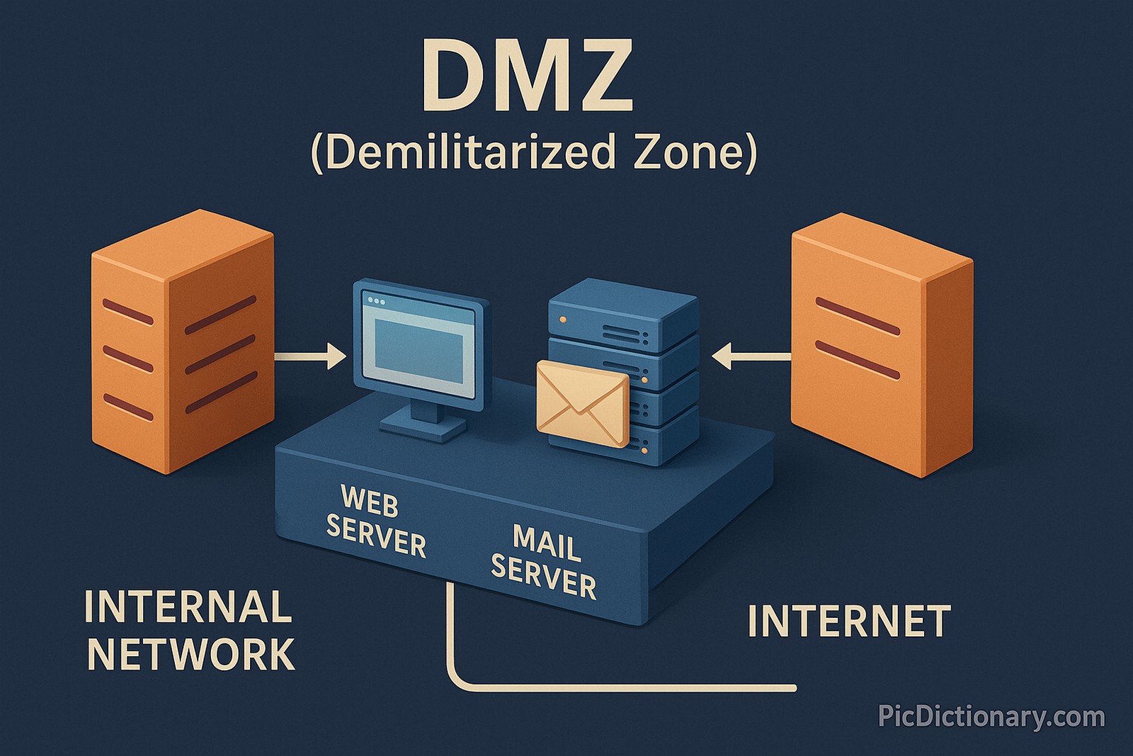 3D rendered image illustrating the concept of a DMZ (Demilitarized Zone) in computer networks. The scene shows two firewalls protecting a middle layer (the DMZ), which contains servers like a web server and a mail server, visually isolated from the internal secure network and the external internet.