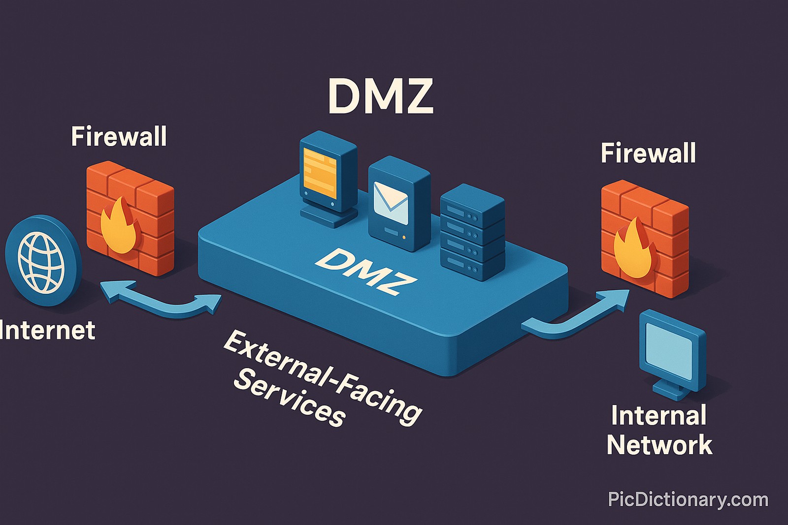 A 3D isometric infographic explains the DMZ (Demilitarized Zone) network setup. It shows the Internet on the left, separated by a firewall, leading to a central DMZ platform that hosts web, email, and DNS servers labeled “External-Facing Services.” Another firewall separates the DMZ from the “Internal Network” on the right. 