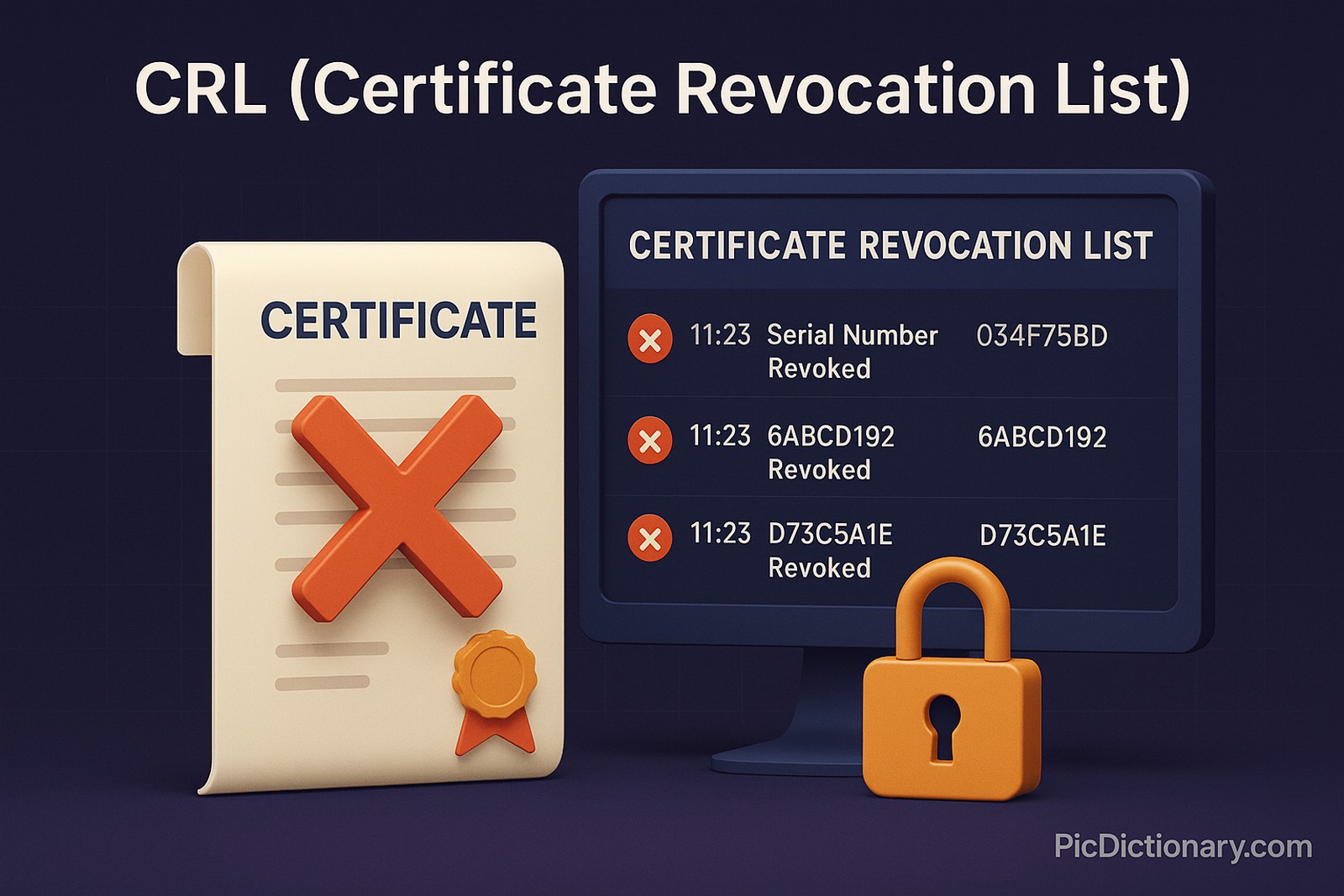 A 3D rendered digital certificate file with a large red “X” mark over it, symbolizing revocation. The scene includes a computer screen displaying a "Certificate Revocation List" title in bold, with a visual list of revoked certificate serial numbers and timestamps. A padlock icon is shown unlocking beside one of the revoked certificates