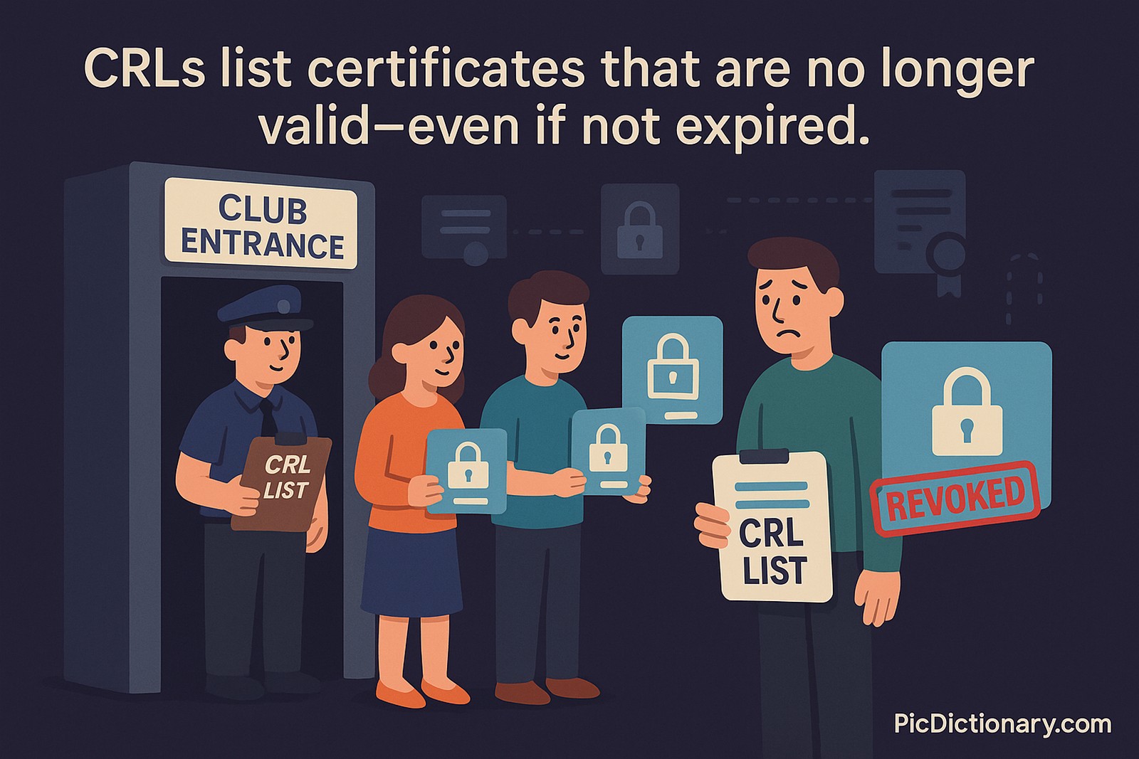 A dark-themed 3D illustration shows a modern digital "club entrance" with a security guard holding a clipboard labeled "CRL List". Several characters holding digital membership cards (symbolizing certificates) are waiting in line. One character, looking disappointed, is being denied entry, and their card is shown with a red "revoked" stamp. Above the scene, text explains: “CRLs list certificates that are no longer valid—even if not expired.”