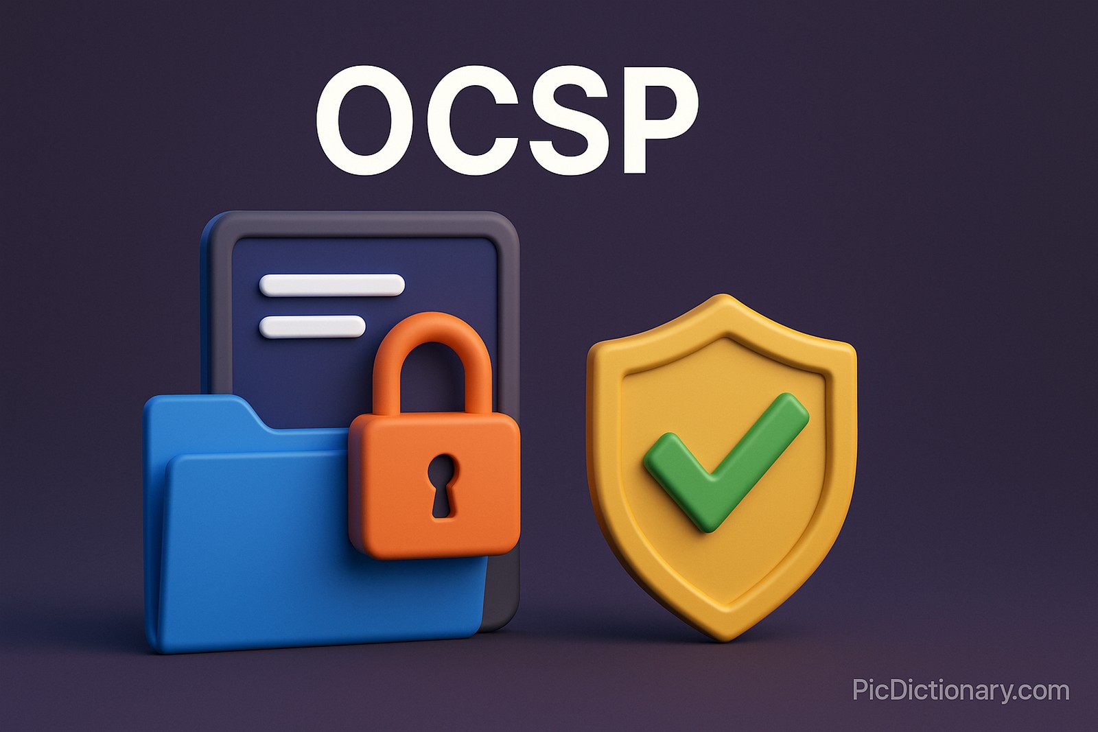 A 3D-rendered digital illustration features digital security symbols representing OCSP (Online Certificate Status Protocol). Centered at the top is the bold white text “OCSP”. Below it, on the left, is a blue folder icon with a paper-like insert, secured by an orange padlock symbolizing certificate validation. 