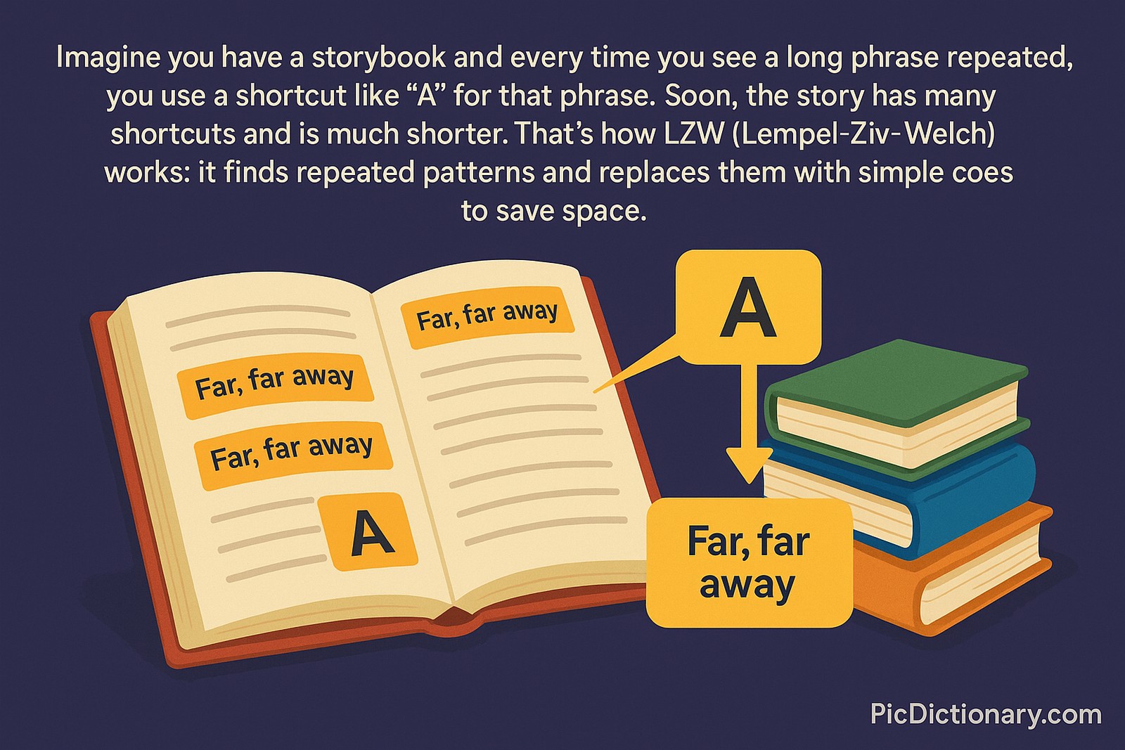 A 2D digital illustration against a dark purple background shows an open storybook with the phrase “Far, far away” repeated, and a yellow label “A” replacing the phrase in later lines. A speech bubble points from “A” to the phrase, showing LZW compression. 