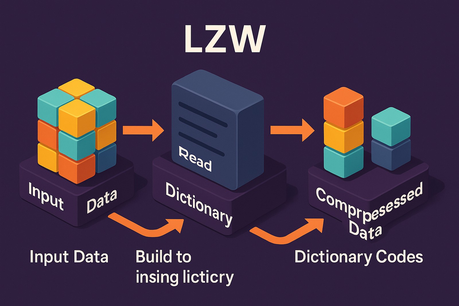 A 3D-rendered infographic in a 16:9 layout explains the LZW compression process. It begins with a colorful cube labeled "Input Data," which connects via an orange arrow to a block marked "Dictionary" that says "Read." Another arrow leads to a "Compressed Data" block with stacked cubes.