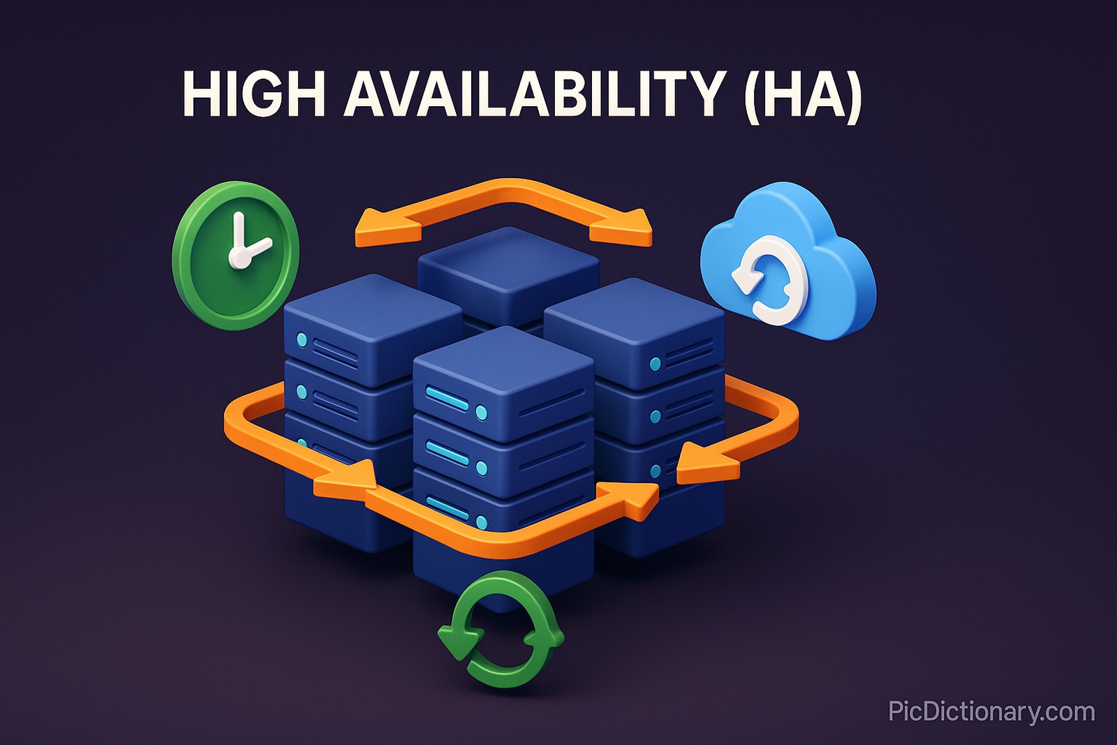 A 3D rendered illustration visualizing the concept of High Availability (HA). The image features a cluster of servers interconnected with redundancy paths and arrows symbolizing failover mechanisms. There are icons representing uptime, cloud synchronization, and auto-recovery. 
