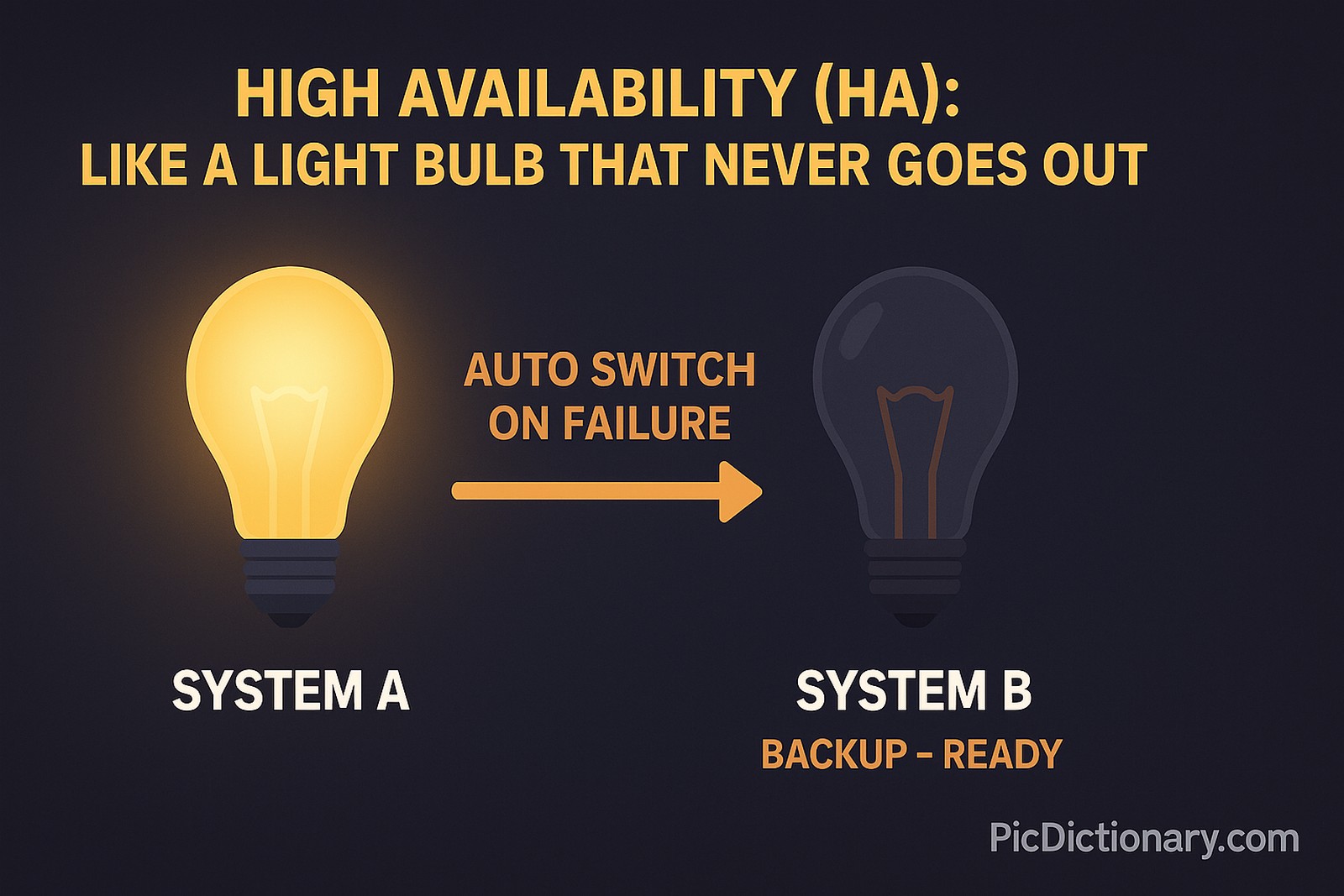 A 3D-style illustration showing two glowing light bulbs labeled “System A” and “System B” inside a dark room. “System A” is lit and active, while “System B” is in standby with a label saying “Backup – Ready”. An arrow connects them with text: “Auto Switch on Failure”. Above the scene, a heading reads: “High Availability (HA): Like a Light Bulb That Never Goes Out.”