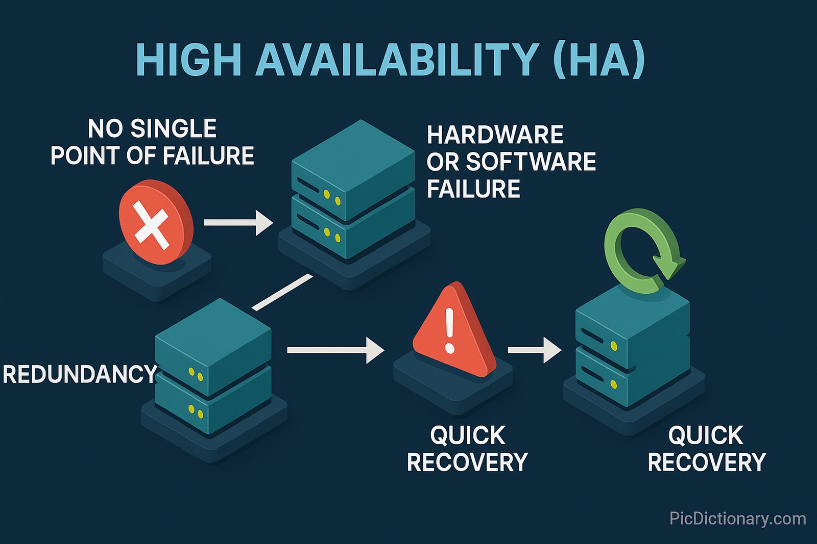 A 3D infographic titled "HIGH AVAILABILITY (HA)" on a dark blue background shows a system workflow with labeled steps: "NO SINGLE POINT OF FAILURE," "REDUNDANCY," "HARDWARE OR SOFTWARE FAILURE," and "QUICK RECOVERY," using stacked server icons, alert symbols, and arrows.