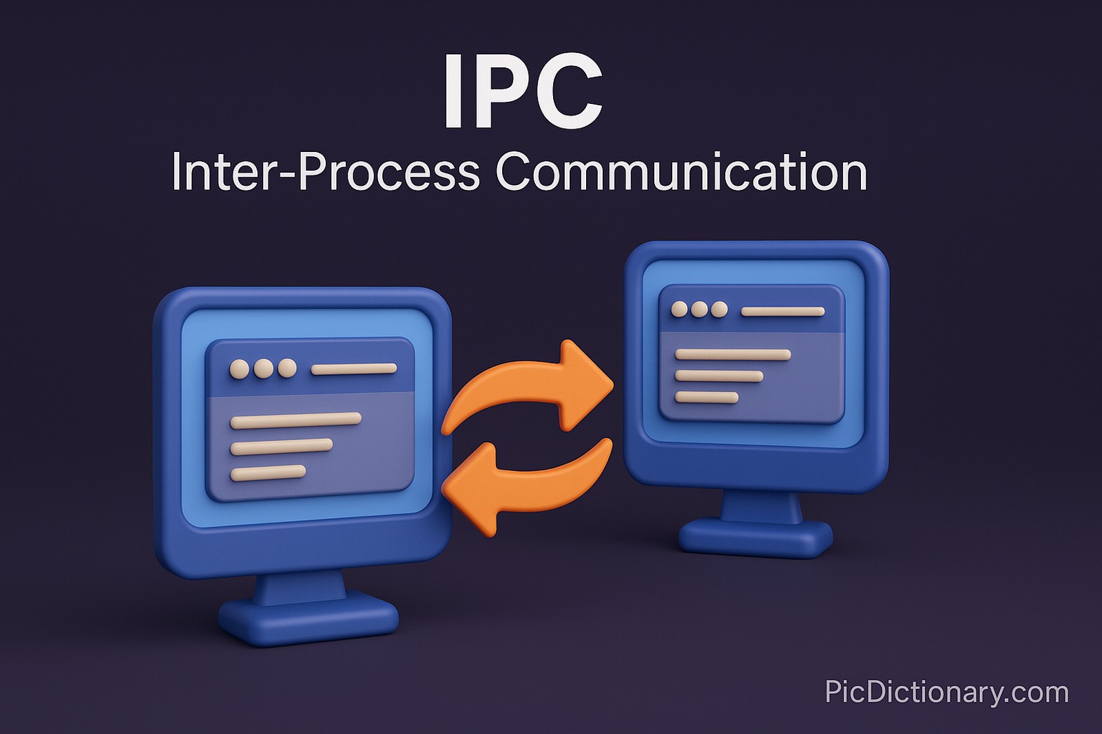 A 3D-style digital illustration representing Inter-Process Communication (IPC), featuring two stylized blue computer monitors facing each other on a dark purple background. Each monitor displays UI elements resembling process windows. Between them is a bright orange, curved bidirectional arrow symbolizing data exchange.