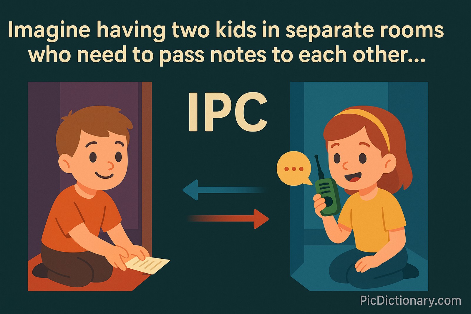  A 2D digital illustration showing two children in separate rooms communicating—one boy sliding a note under the door, and one girl using a walkie-talkie—with the term “IPC” in bold between them. Arrows represent bidirectional communication.