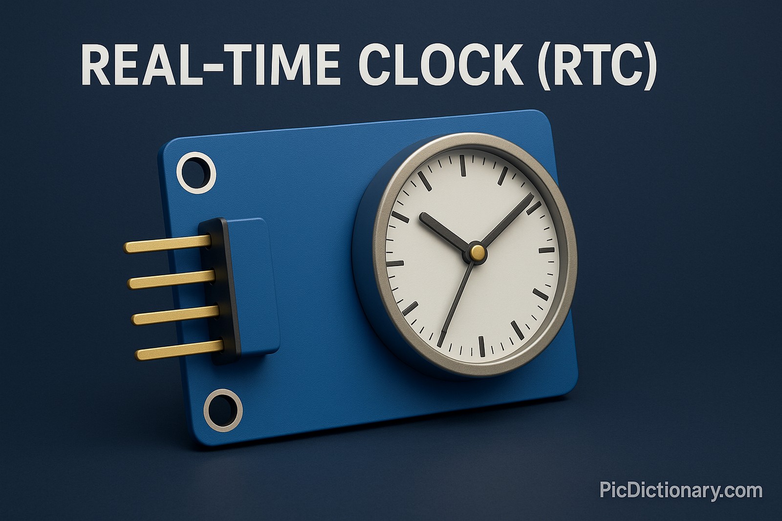 A 3D-rendered digital image features a Real-Time Clock (RTC) module with a blue circuit board and a silver analog clock face, placed against a dark blue background. The image includes the title text “REAL-TIME CLOCK (RTC)” at the top and a watermark “PicDictionary.com” at the bottom right. 