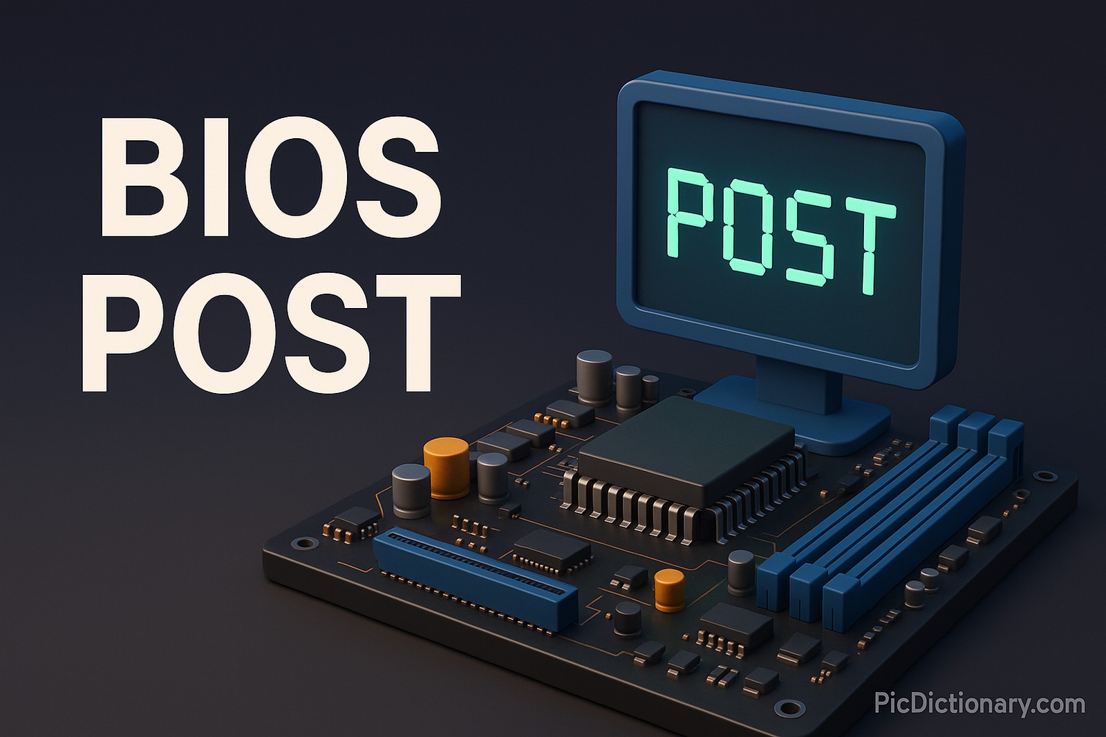 A 3D-rendered digital image displays the title "BIOS POST" in large white letters on the left side, set against a dark blue gradient background. On the right, a stylized motherboard is shown with a CPU, capacitors, blue RAM slots, and a small monitor. 